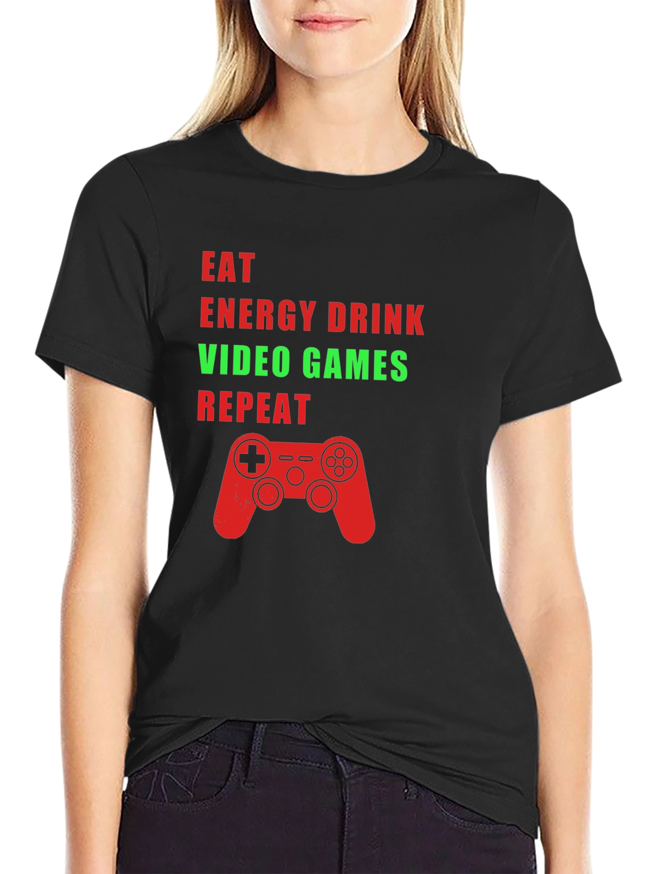 Eat Energy Drink Video Games Repeat Black Graphic Tee