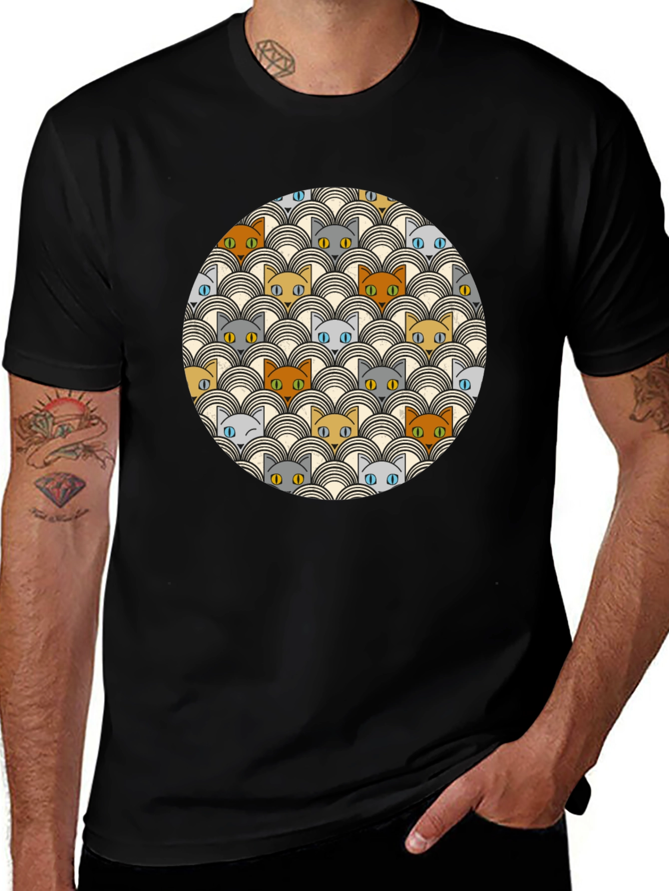 Retro Cat Pattern Black T-Shirt