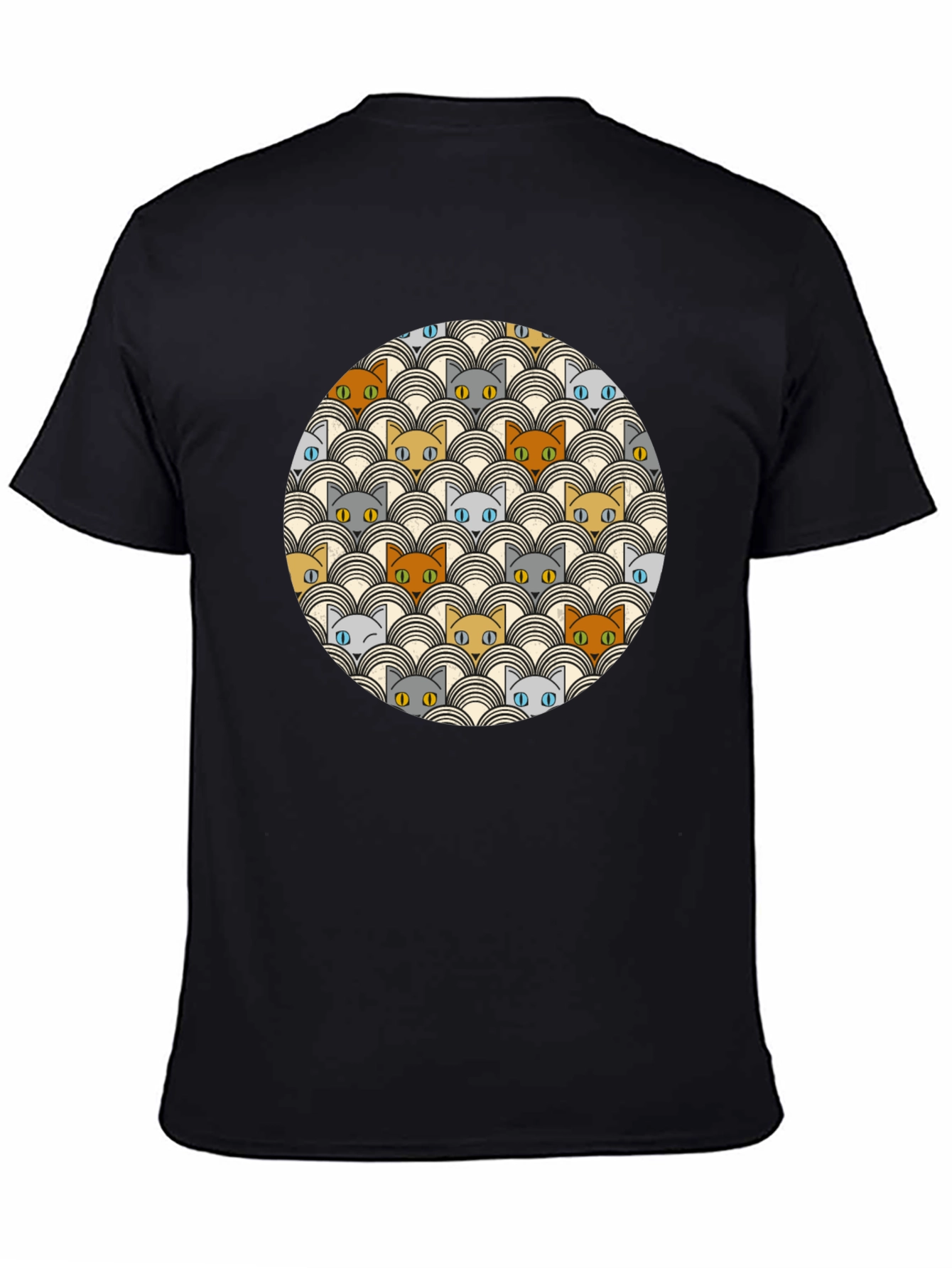 Retro Cat Pattern Black T-Shirt
