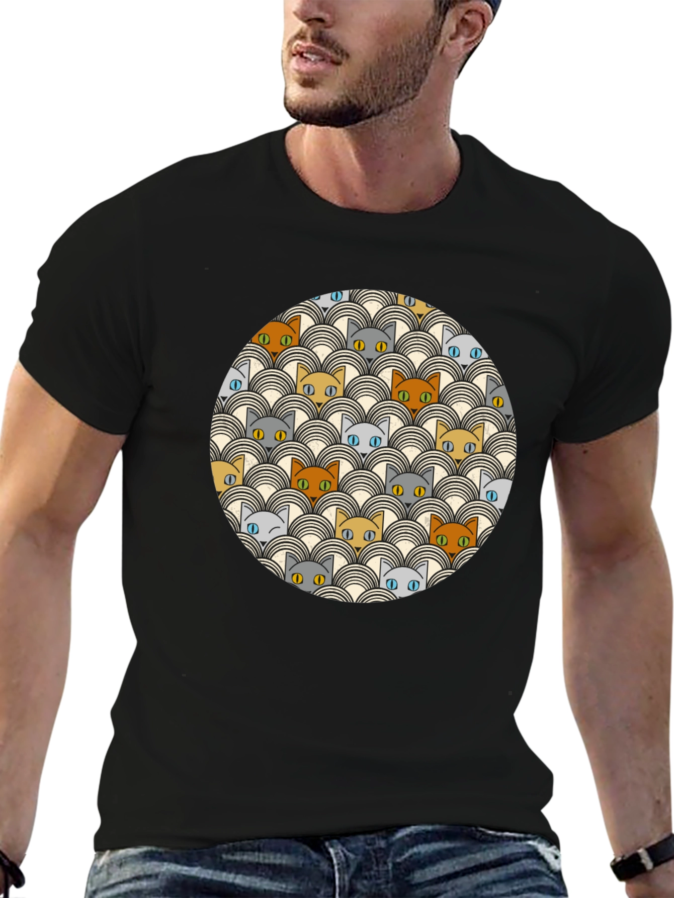 Retro Cat Pattern Black T-Shirt