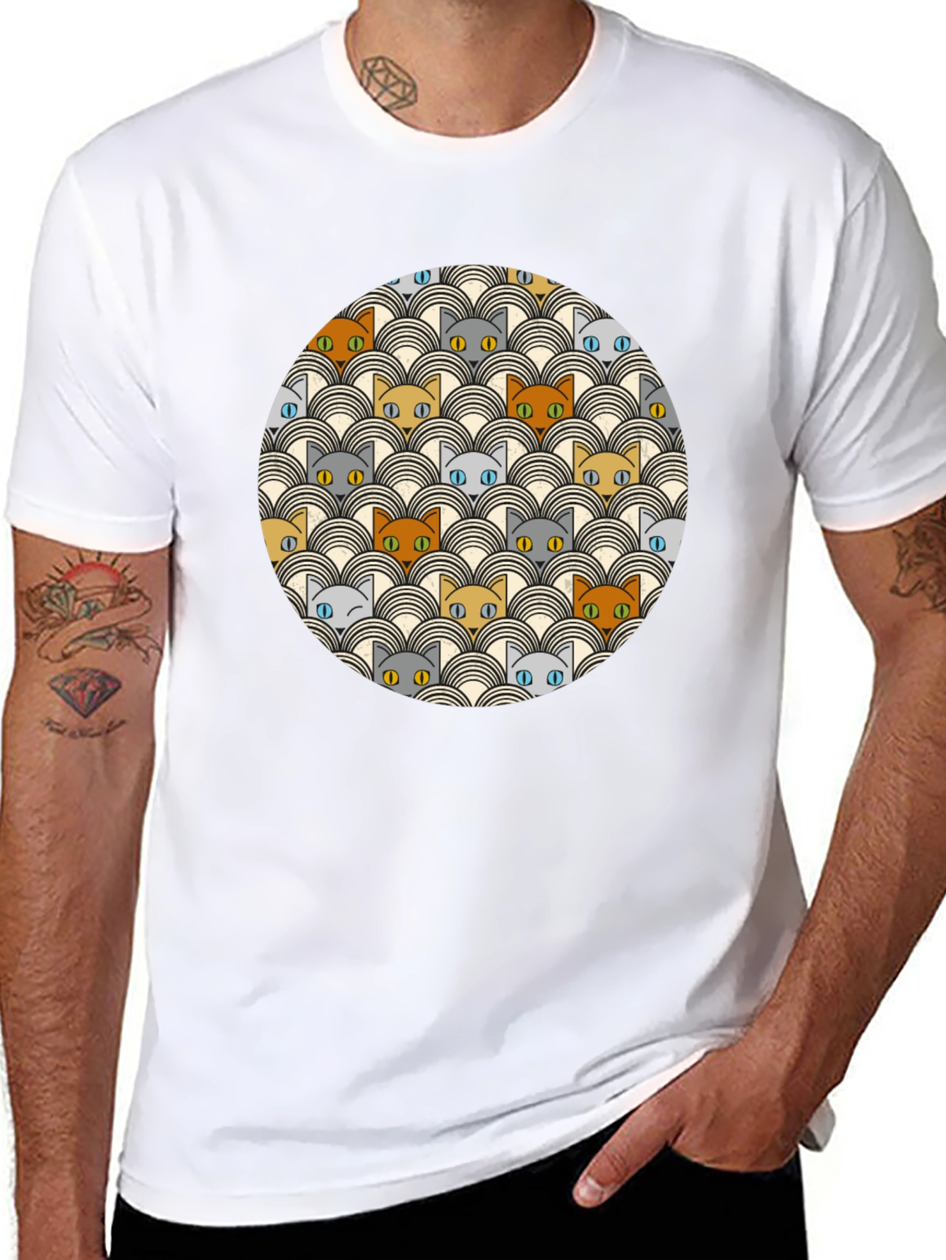 Retro Cat Pattern Black T-Shirt