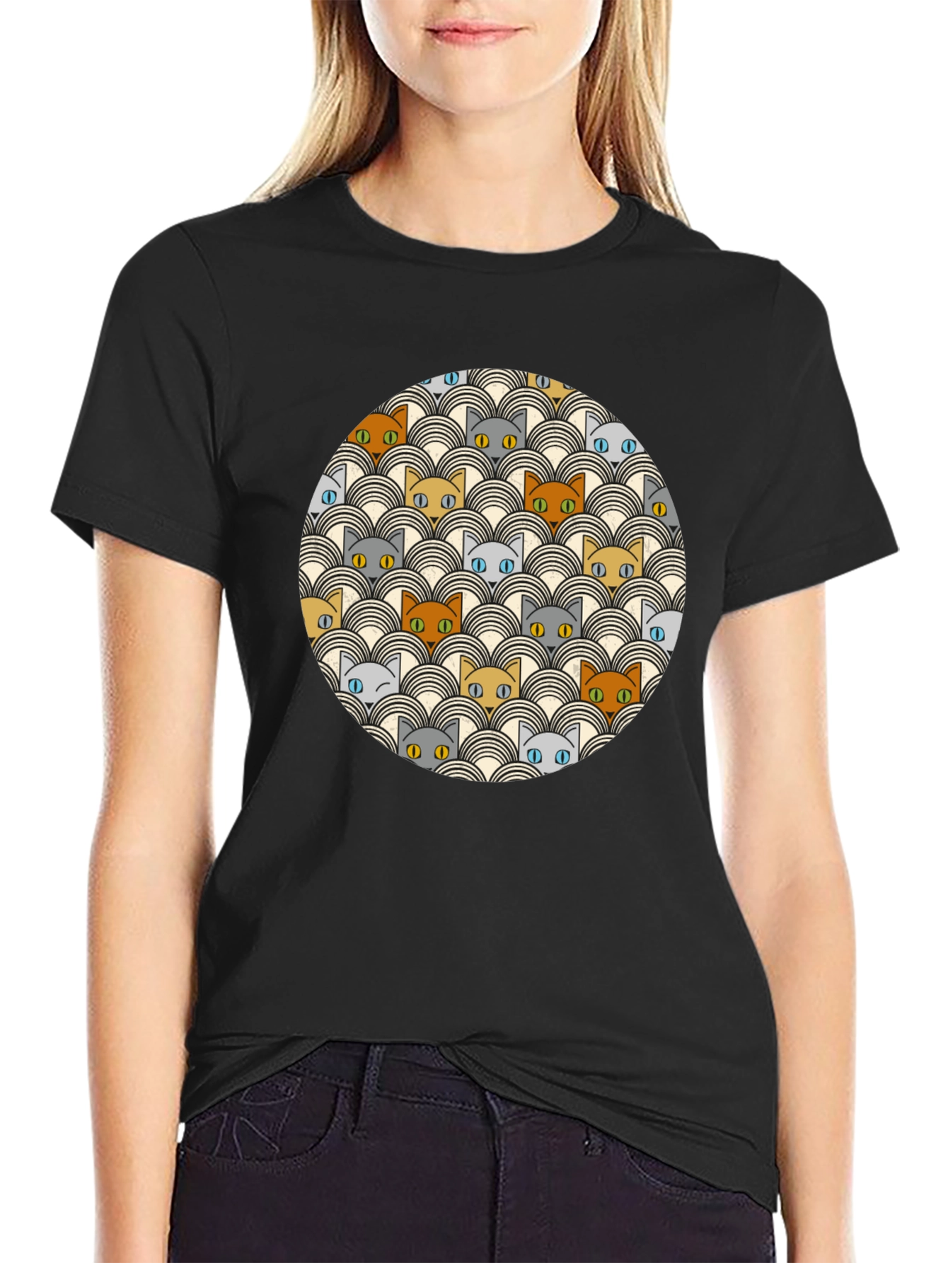Retro Cat Pattern Black T-Shirt