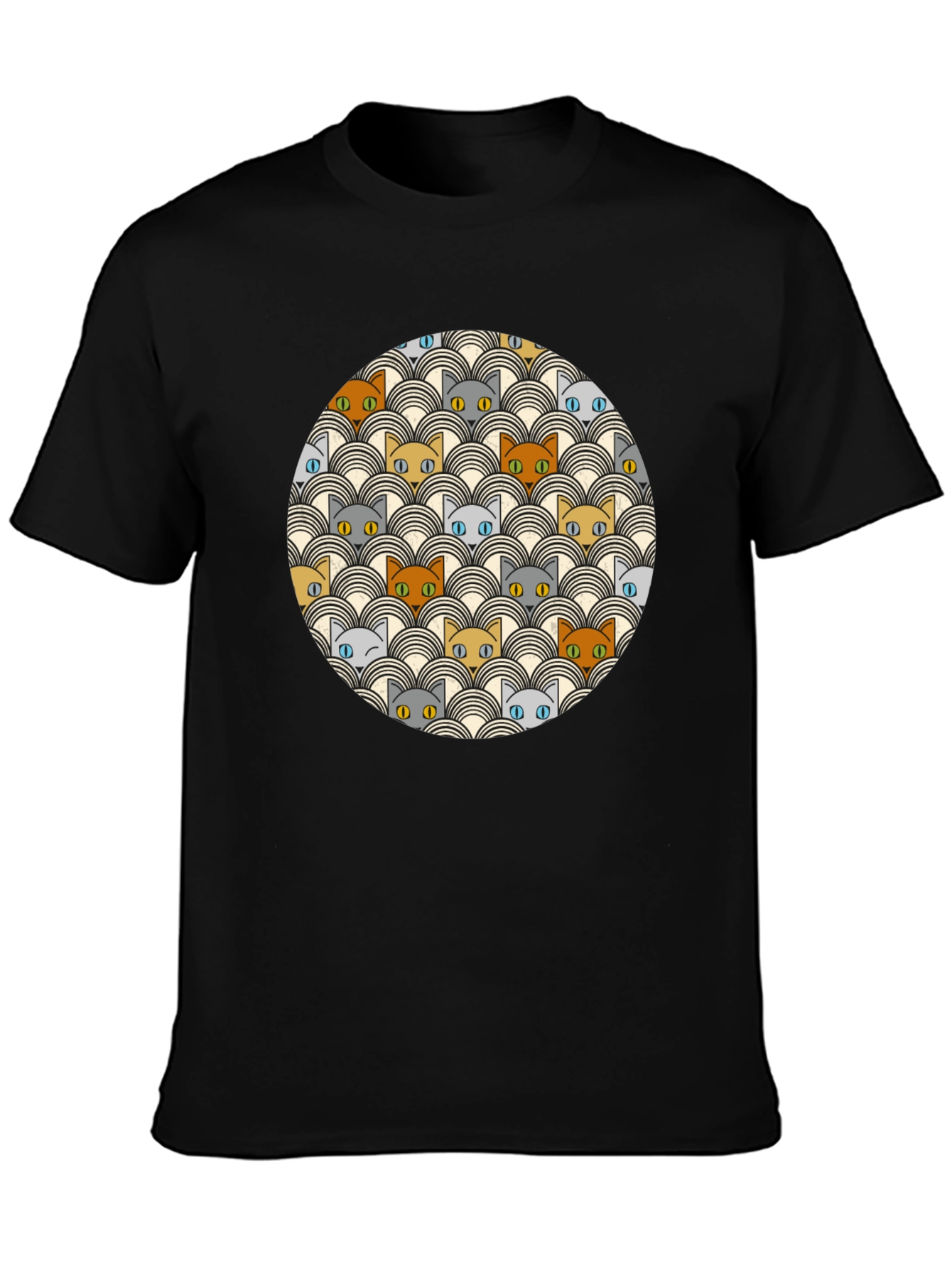 Retro Cat Pattern Black T-Shirt