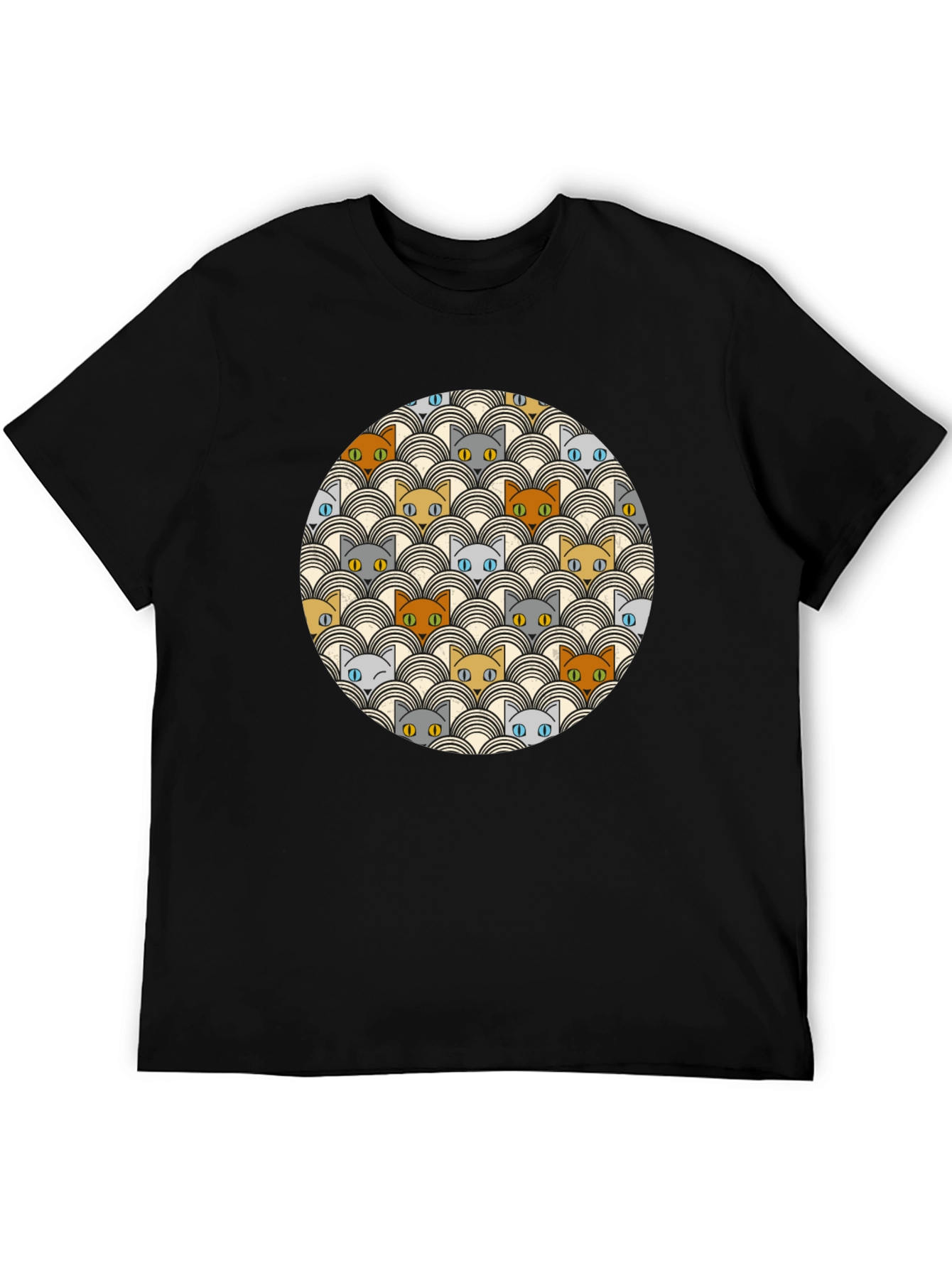 Retro Cat Pattern Black T-Shirt