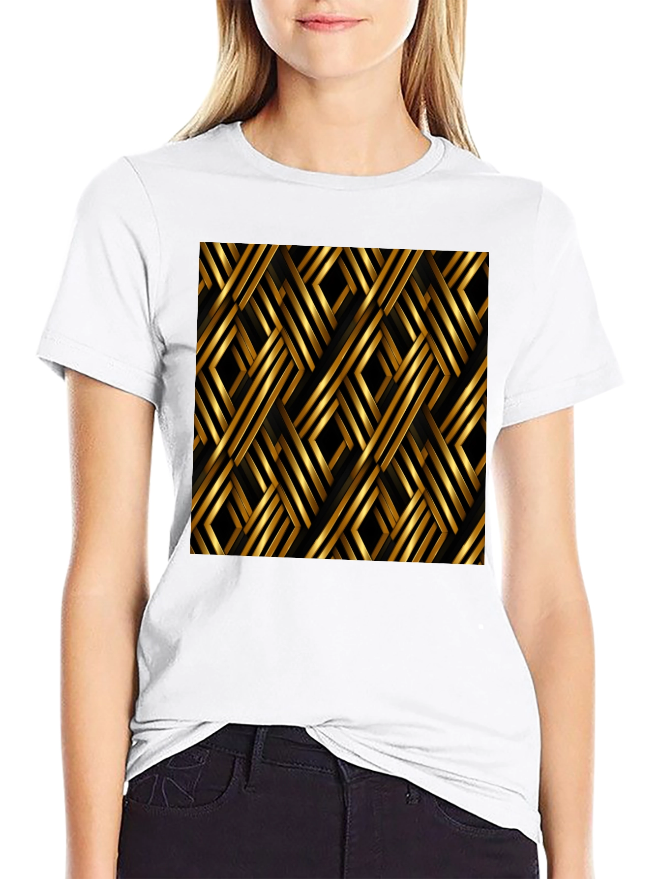 Geometric Gold Pattern Black T-Shirt