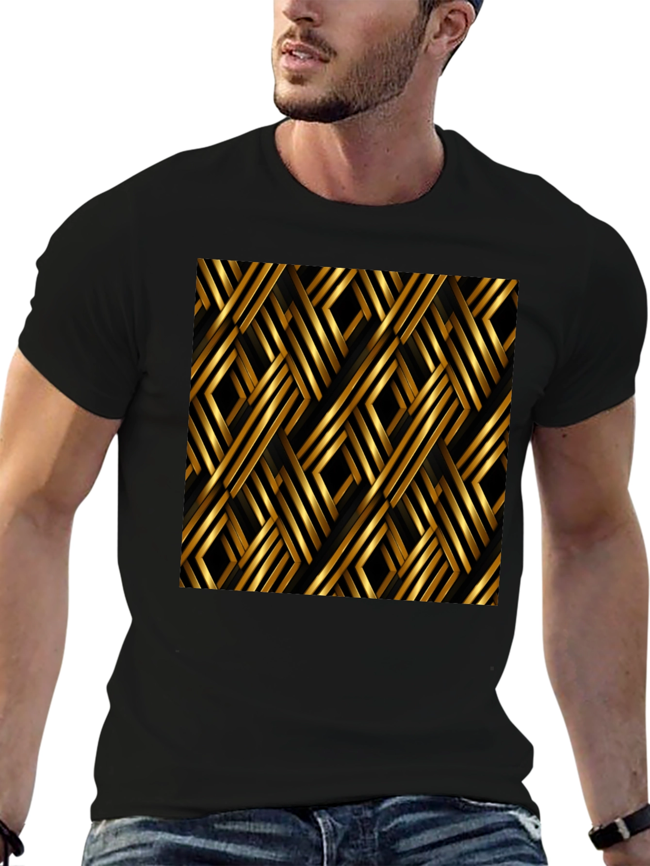 Geometric Gold Pattern Black T-Shirt