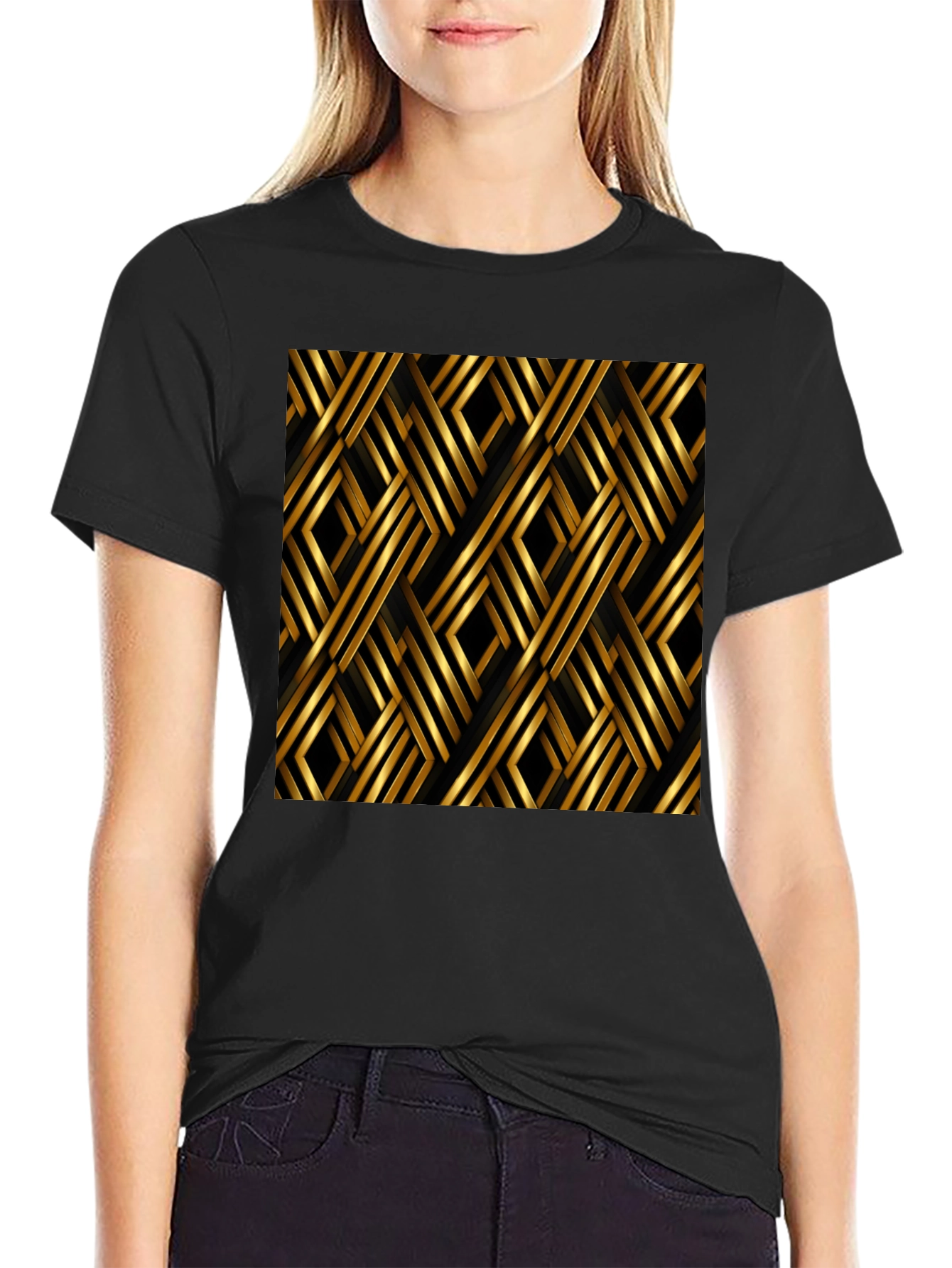 Geometric Gold Pattern Black T-Shirt