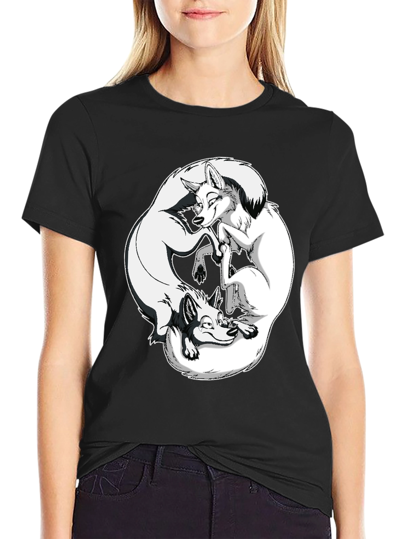Yin Yang Foxes Graphic Tee - Black