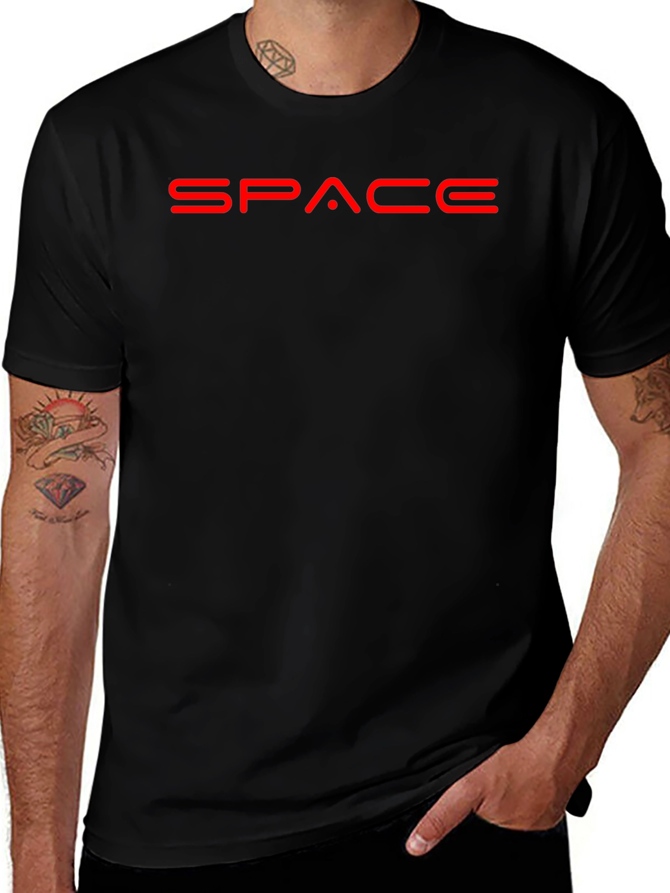 Space Graphic Black T-Shirt - Bold Red Design