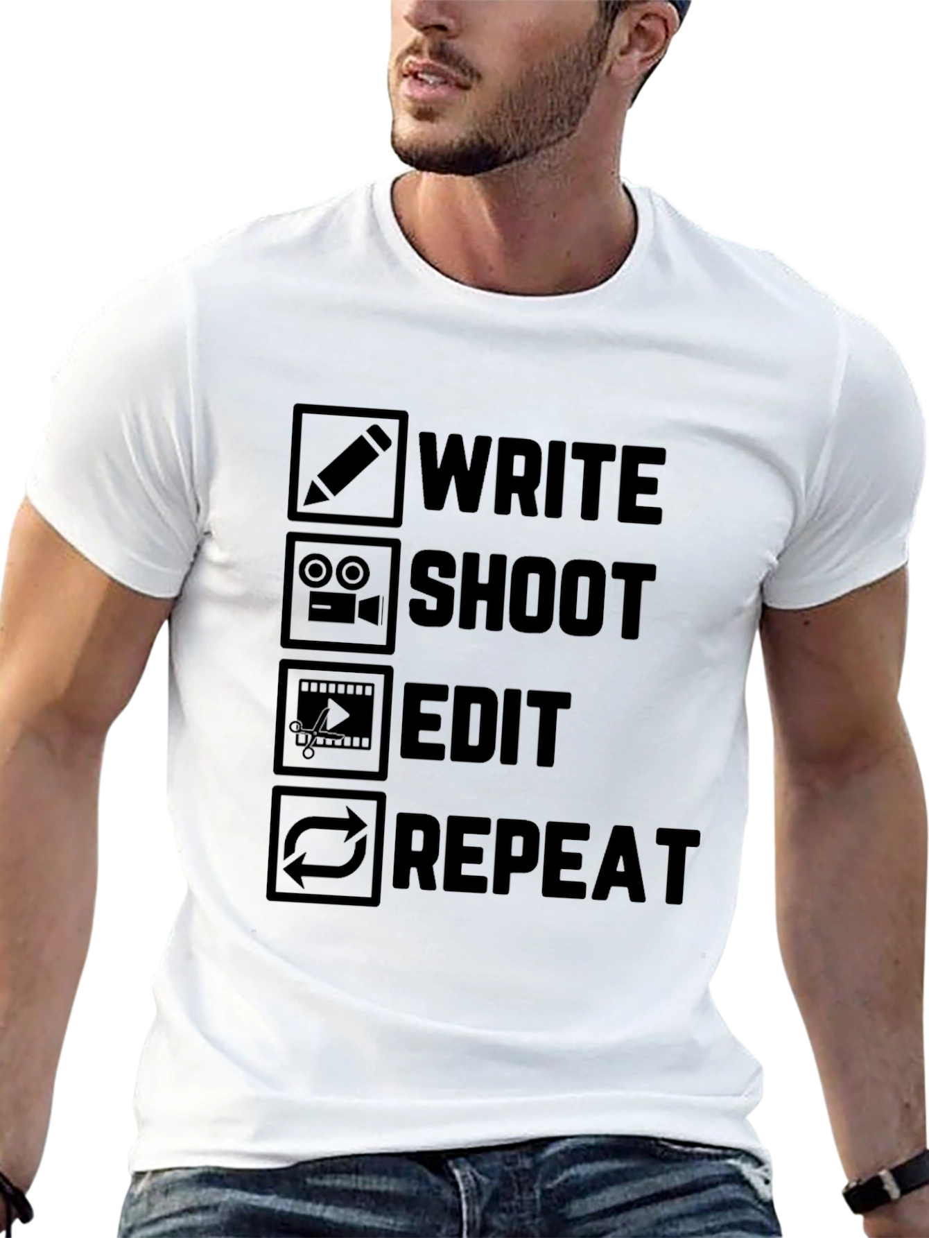 Write Shoot Edit Repeat Black Graphic T-Shirt