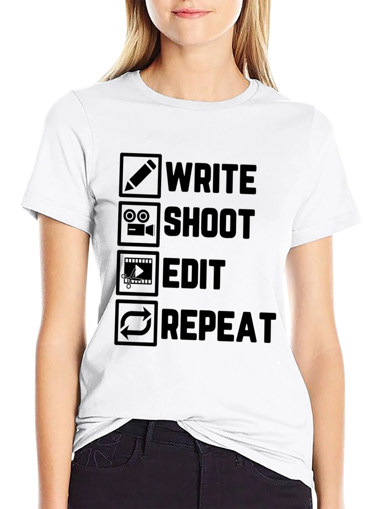 Write Shoot Edit Repeat Black Graphic T-Shirt