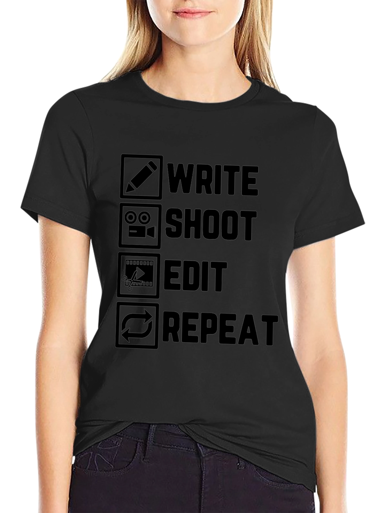 Write Shoot Edit Repeat Black Graphic T-Shirt