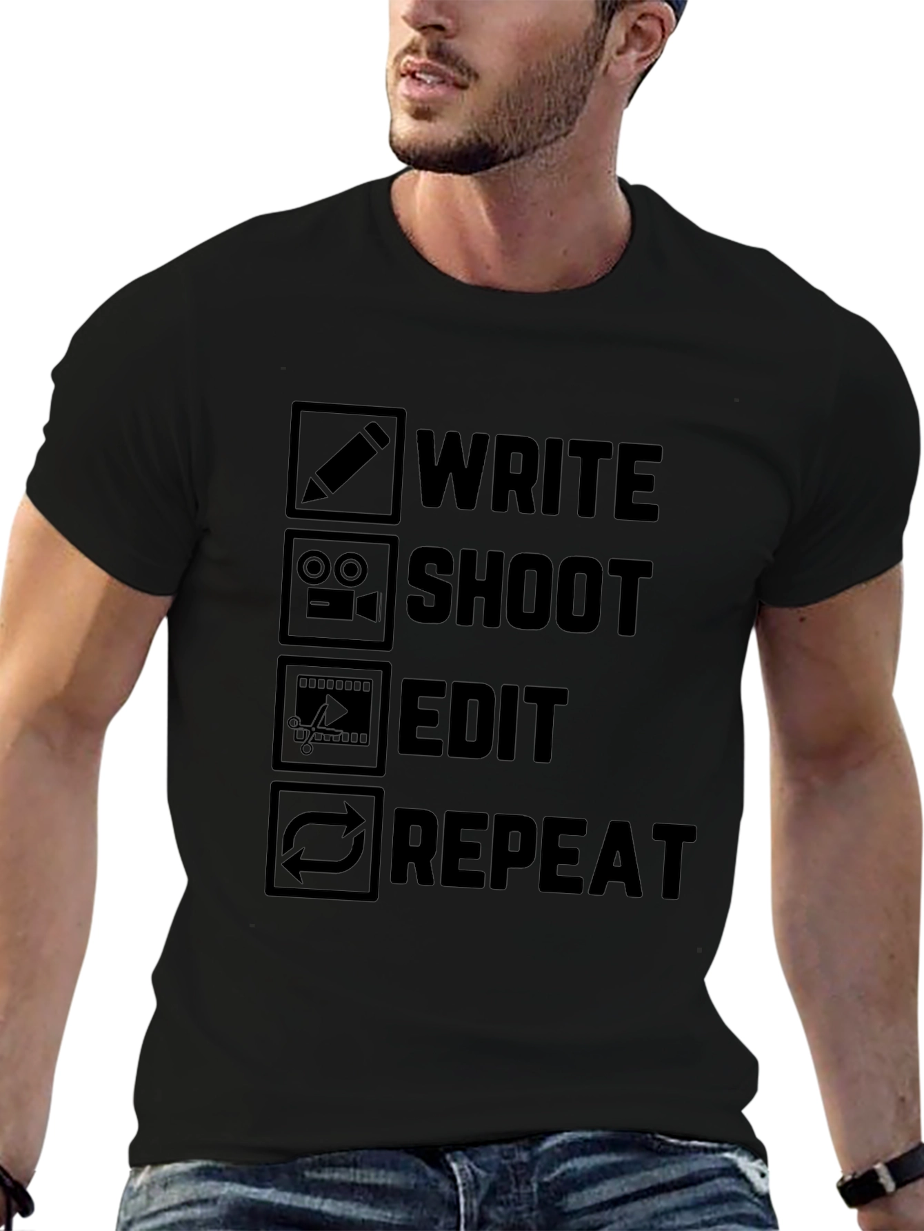 Write Shoot Edit Repeat Black Graphic T-Shirt