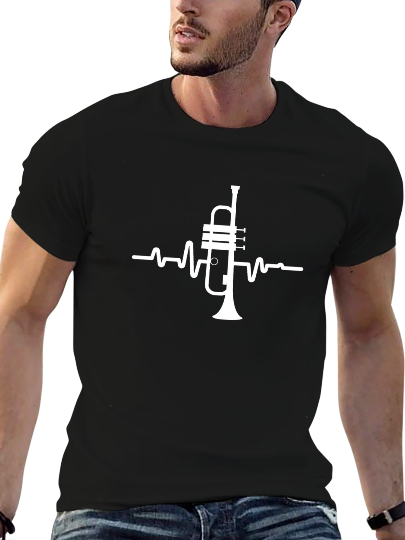 Trumpet Heartbeat Graphic Tee - Black Casual T-Shirt