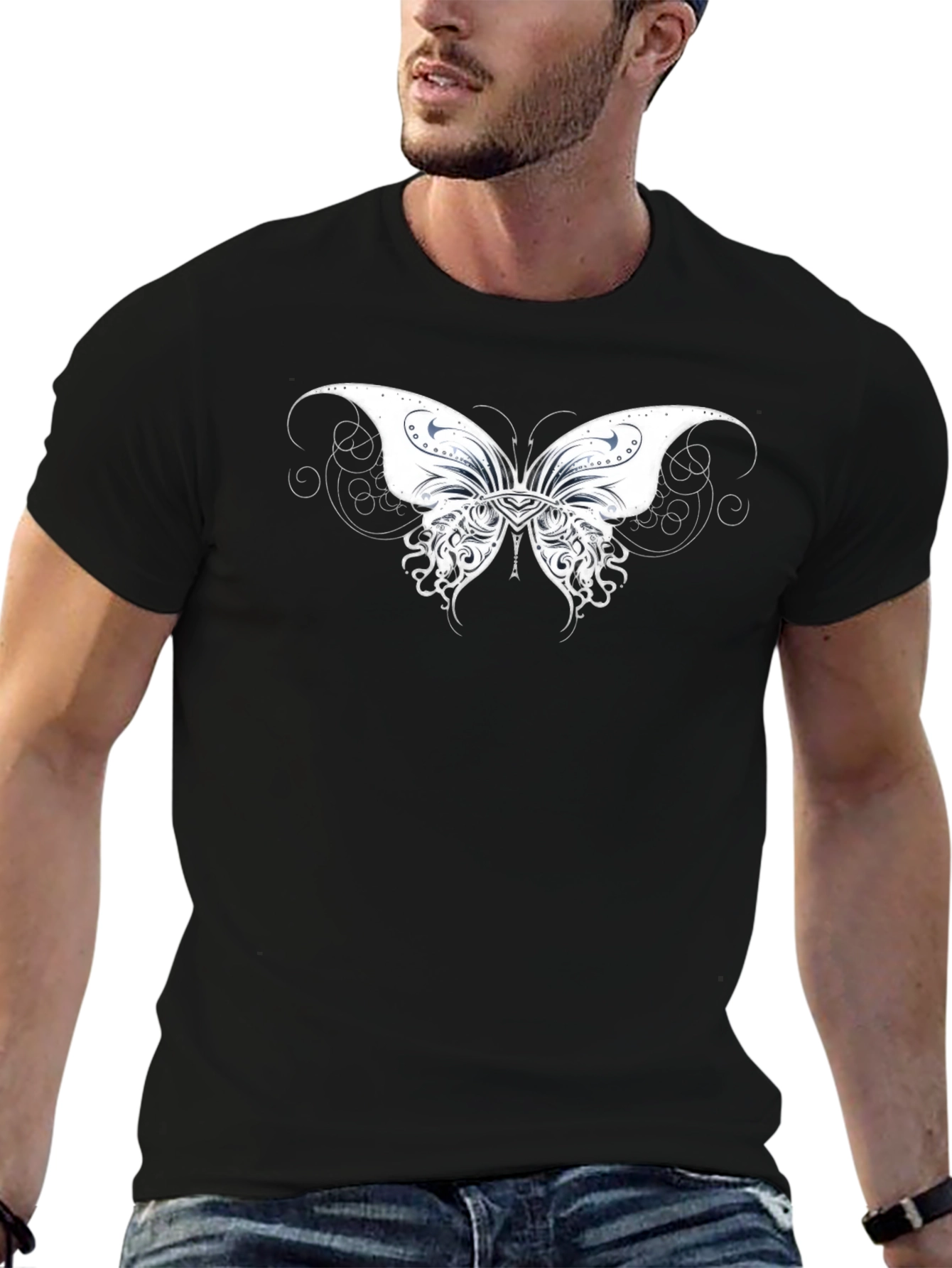 Black T-Shirt with Butterfly Graphic