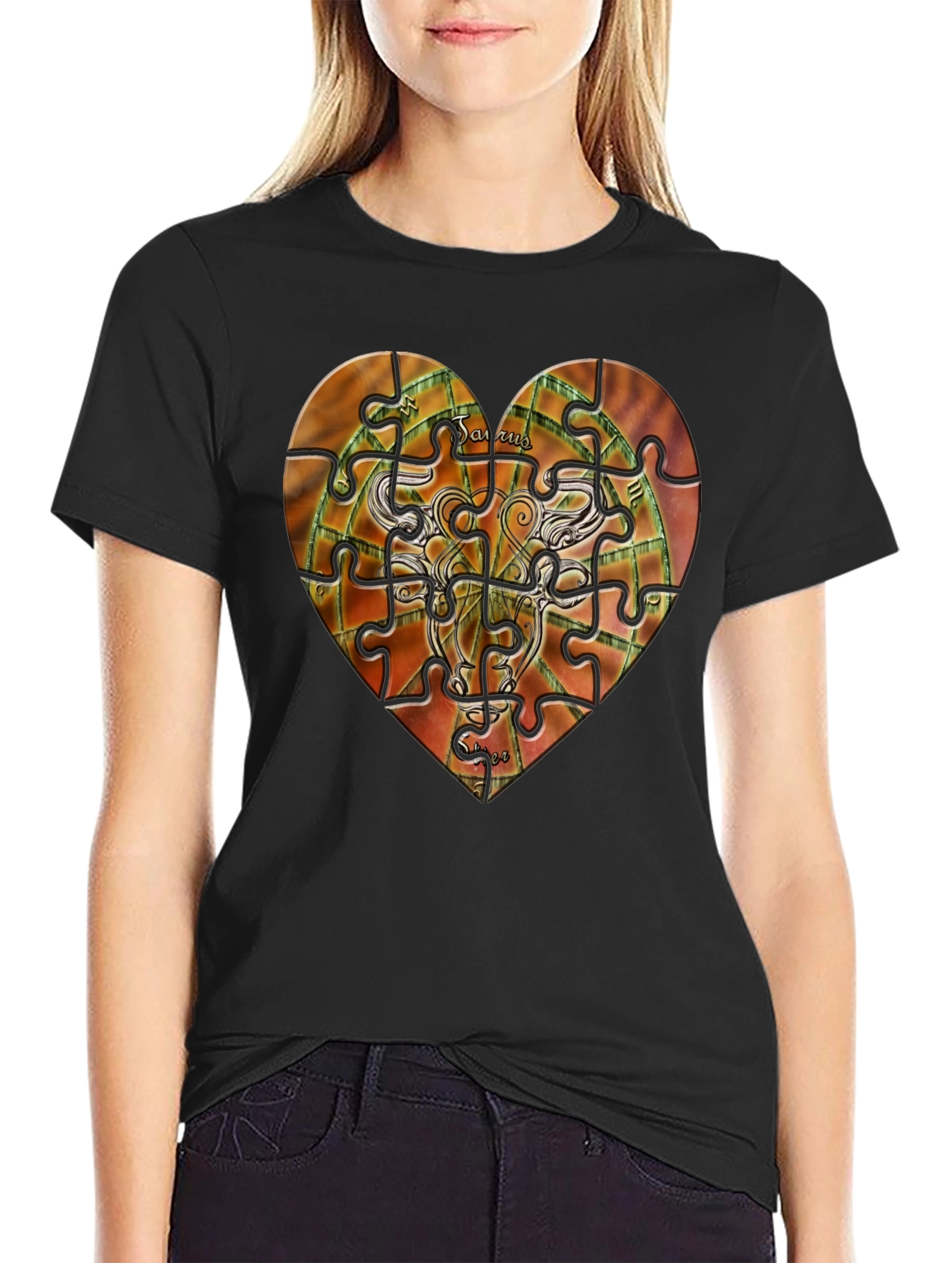 Taurus Zodiac Puzzle Heart Graphic T-Shirt