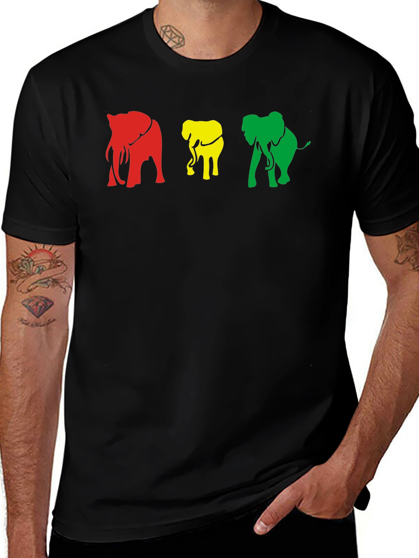 Rasta Elephants Graphic Tee - Black Cotton T-Shirt
