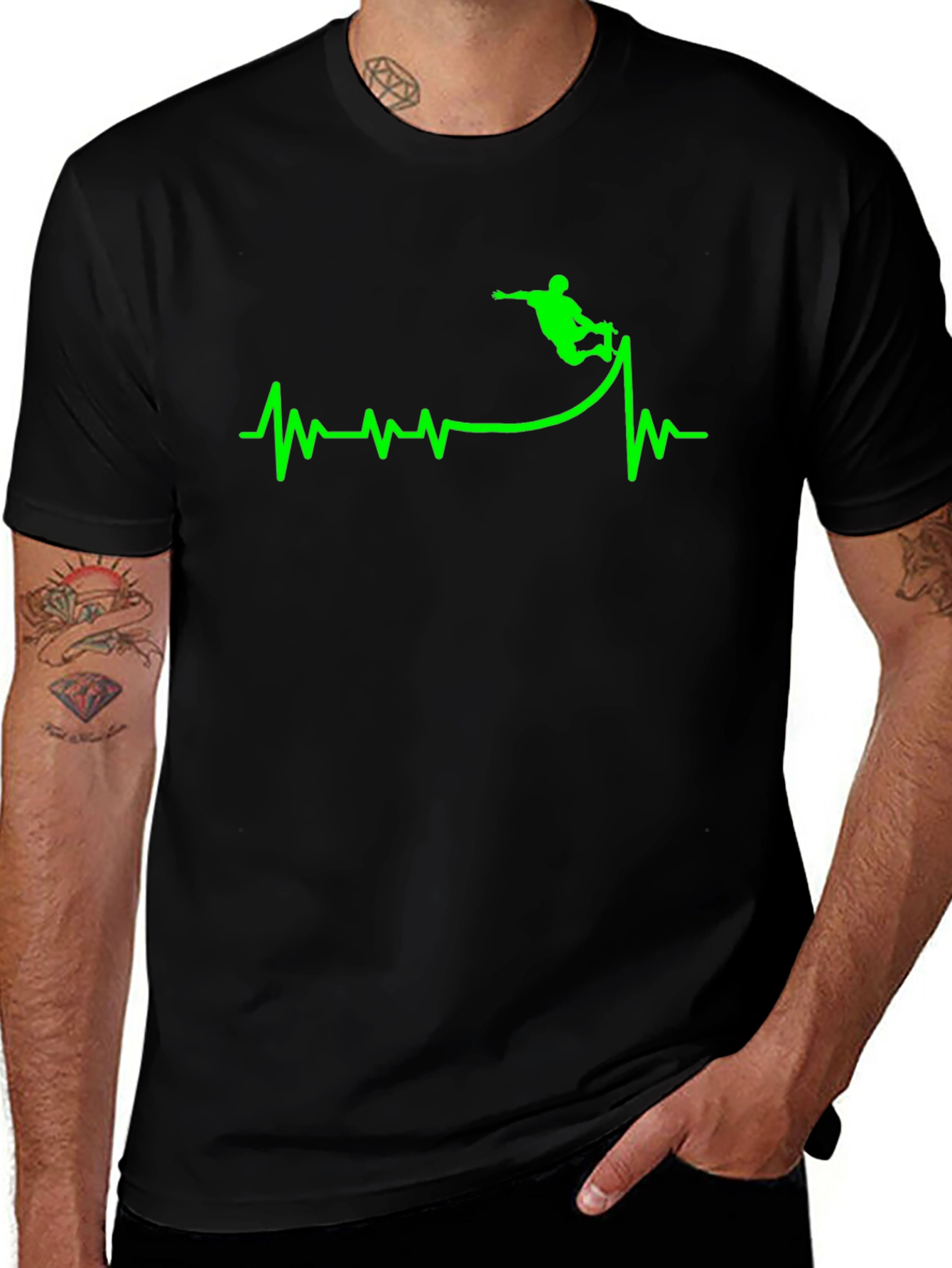 Skateboarding Heartbeat Graphic T-Shirt - Black