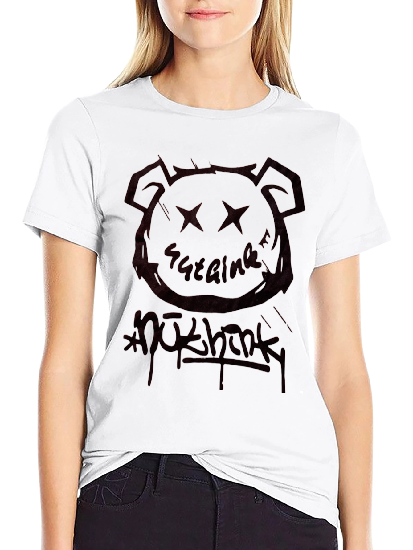 Black Graphic Tee - Bear Head & Graffiti