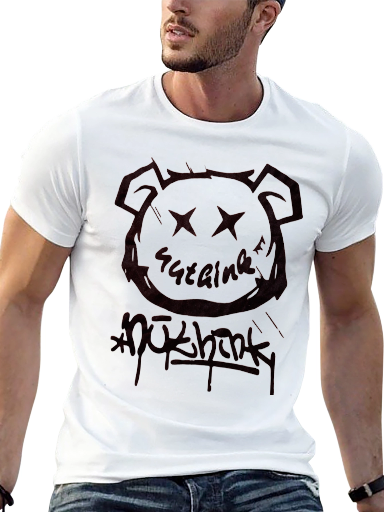 Black Graphic Tee - Bear Head & Graffiti