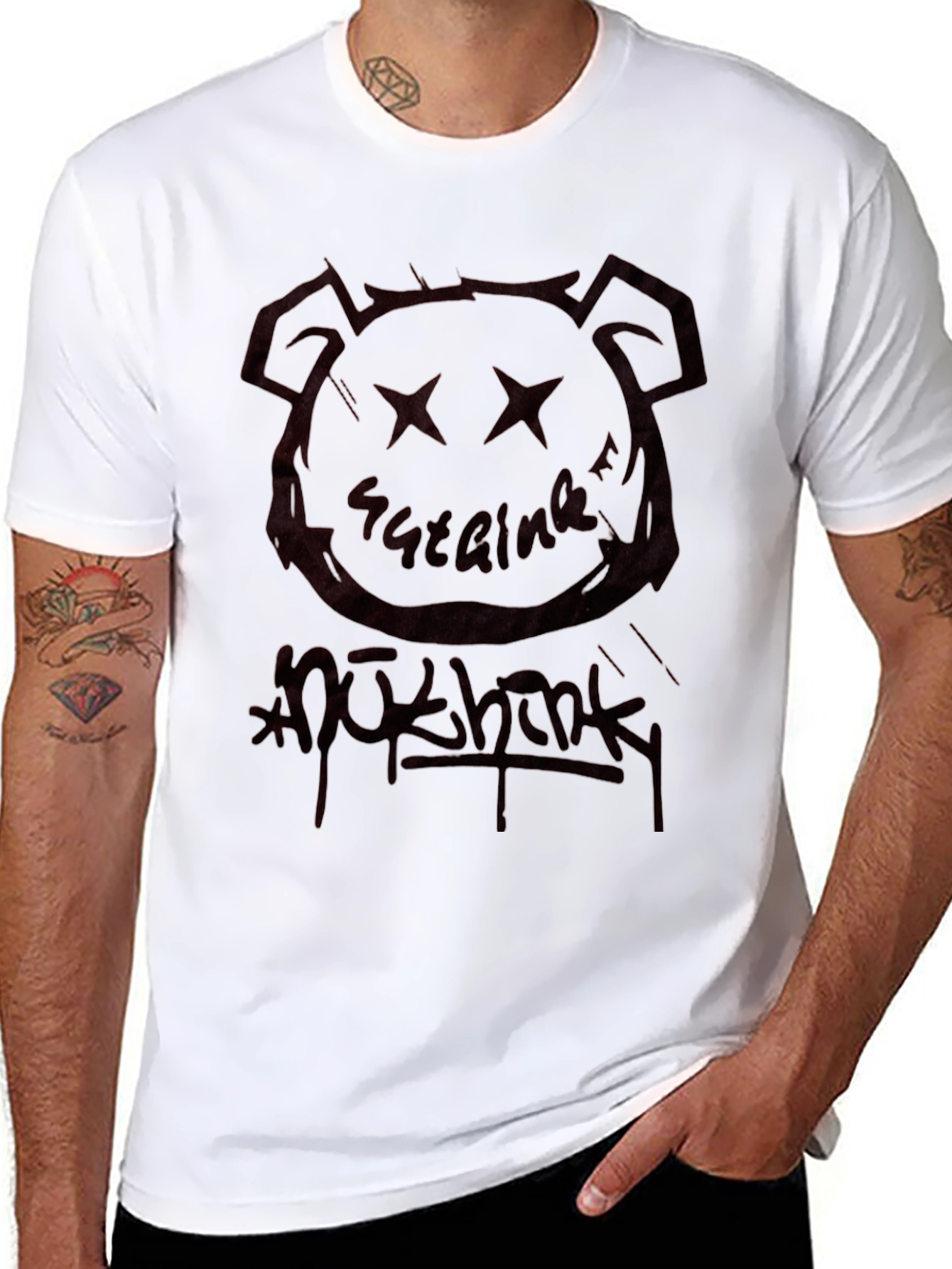Black Graphic Tee - Bear Head & Graffiti