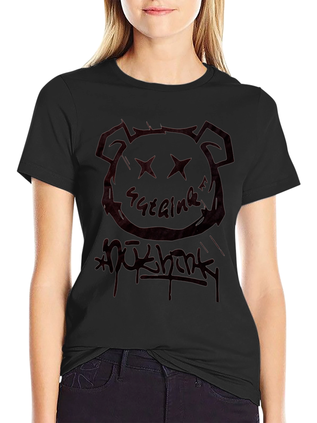 Black Graphic Tee - Bear Head & Graffiti
