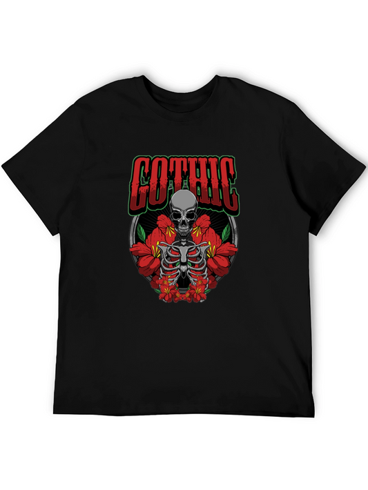 Gothic Skull & Flowers Graphic Print Black T-Shirt