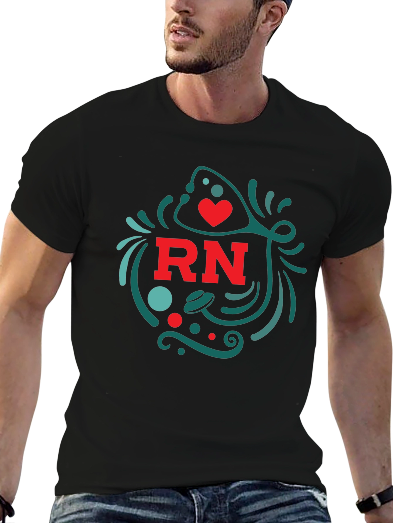 RN Nurse T-Shirt with Heart and Stethoscope Design