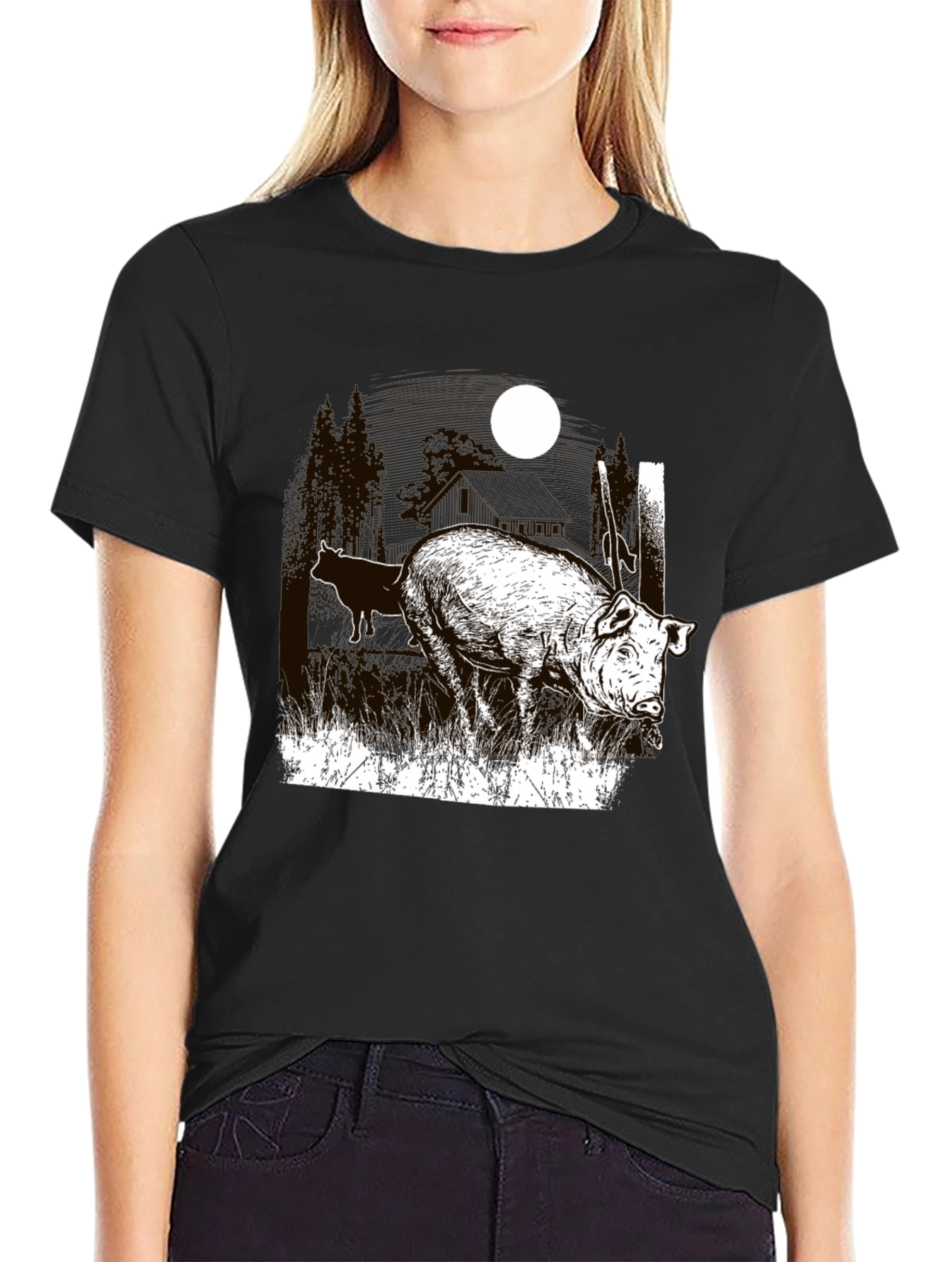 Pig Moon Graphic T-Shirt - Black Tee