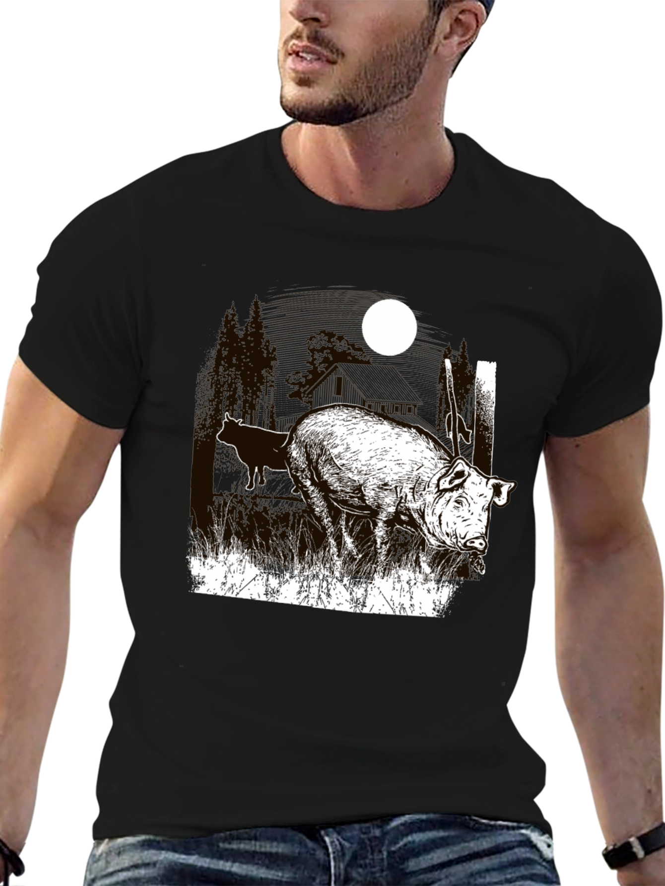 Pig Moon Graphic T-Shirt - Black Tee
