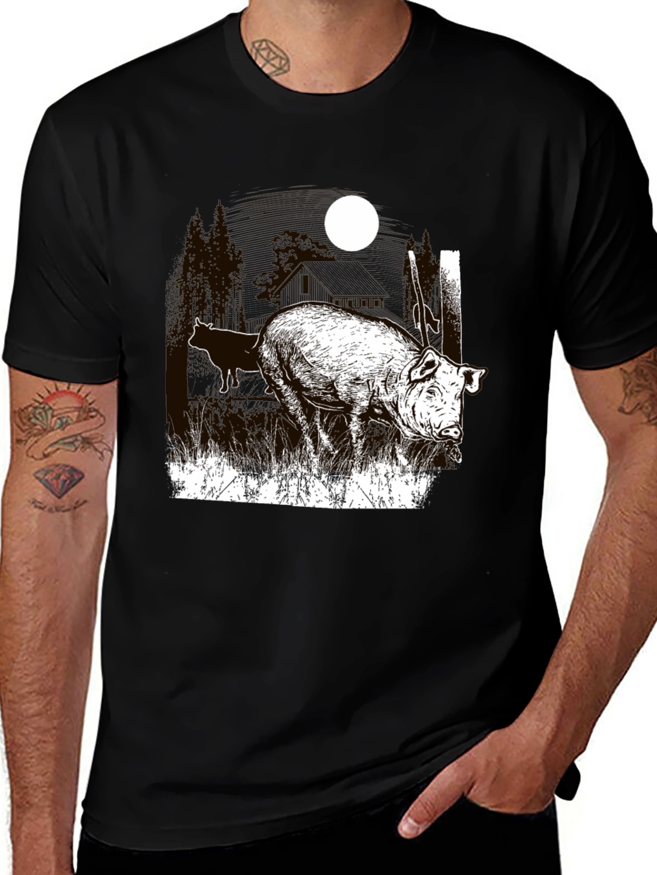Pig Moon Graphic T-Shirt - Black Tee