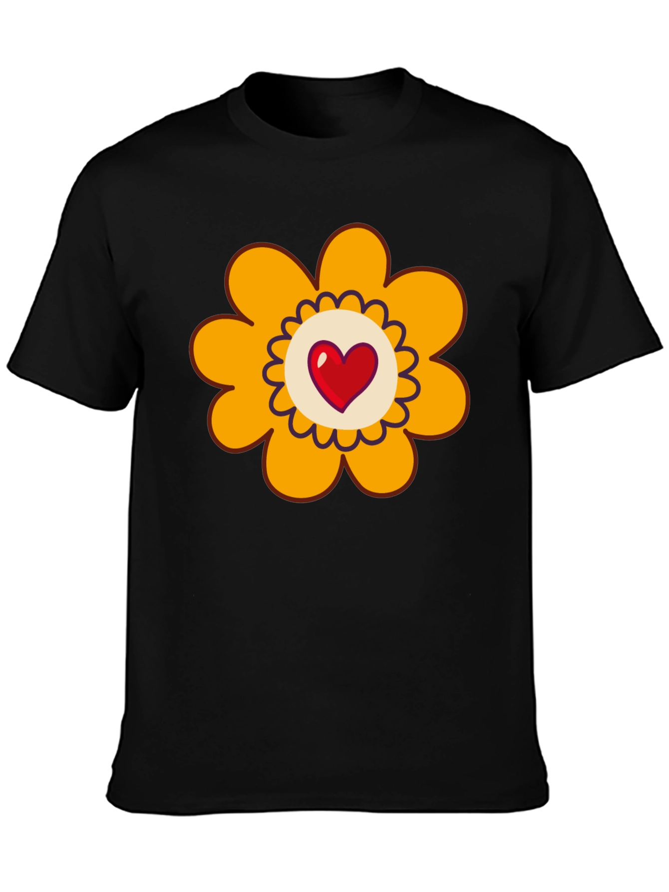 Black T-Shirt with Heart Flower Graphic