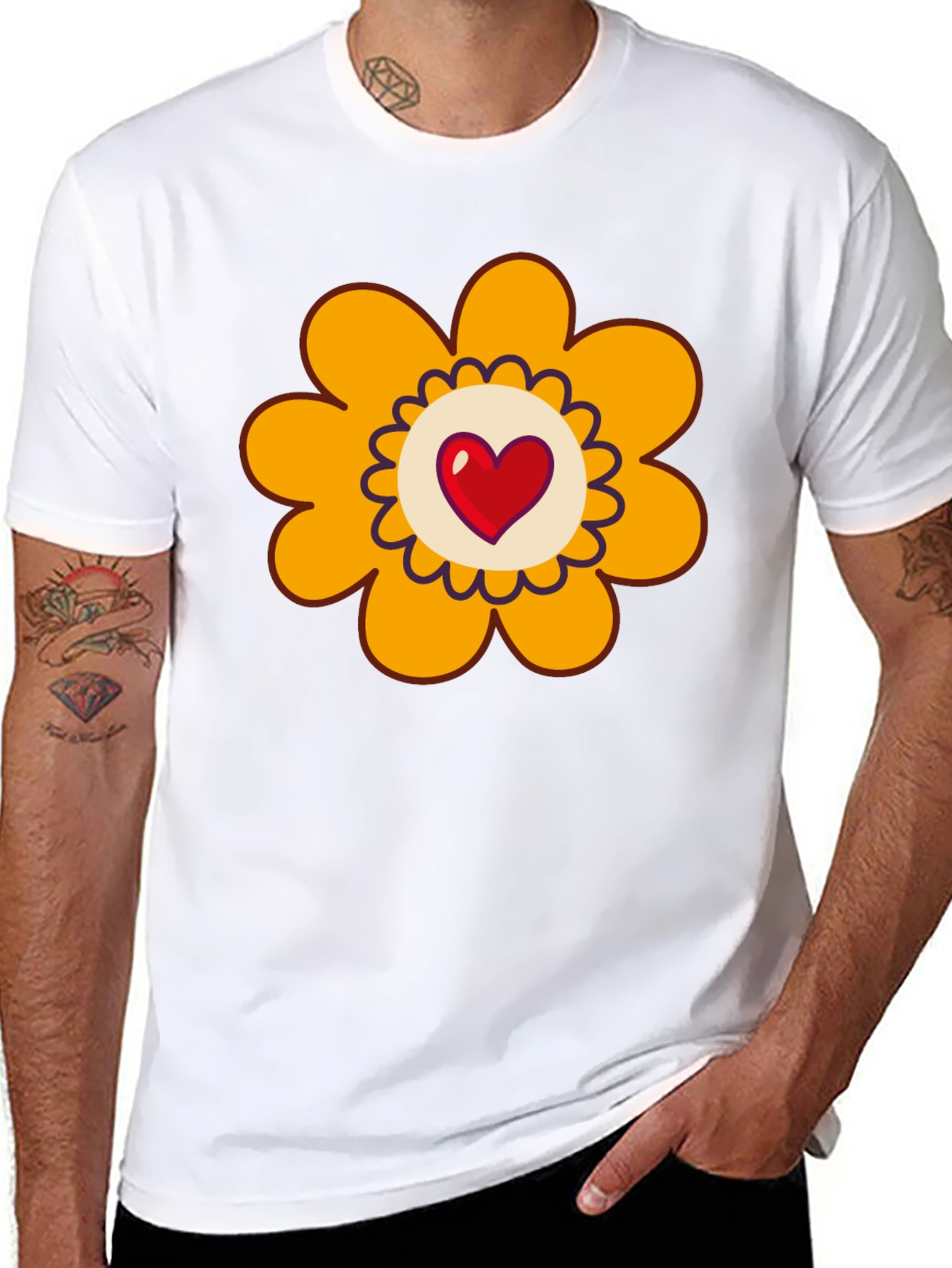 Black T-Shirt with Heart Flower Graphic