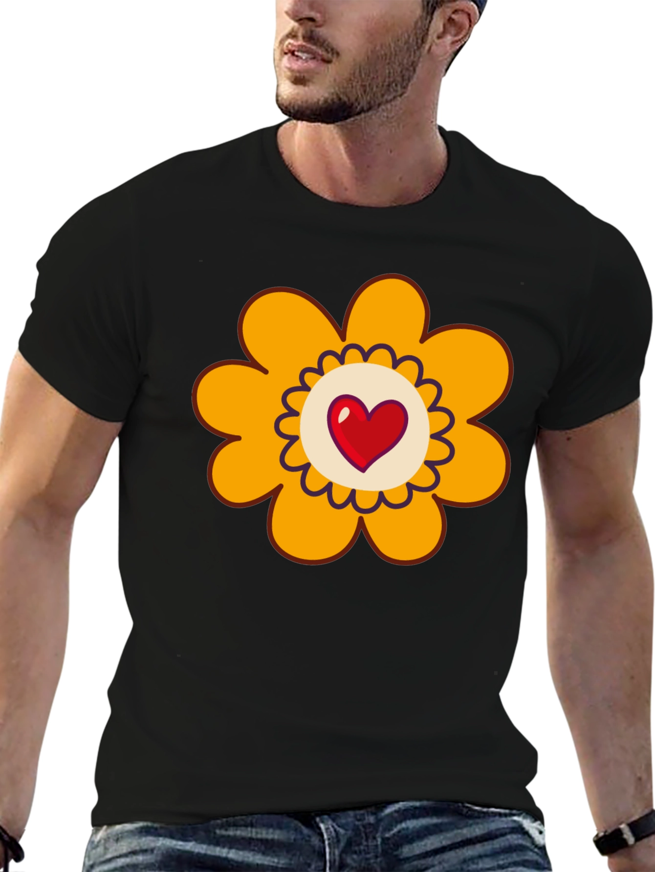 Black T-Shirt with Heart Flower Graphic