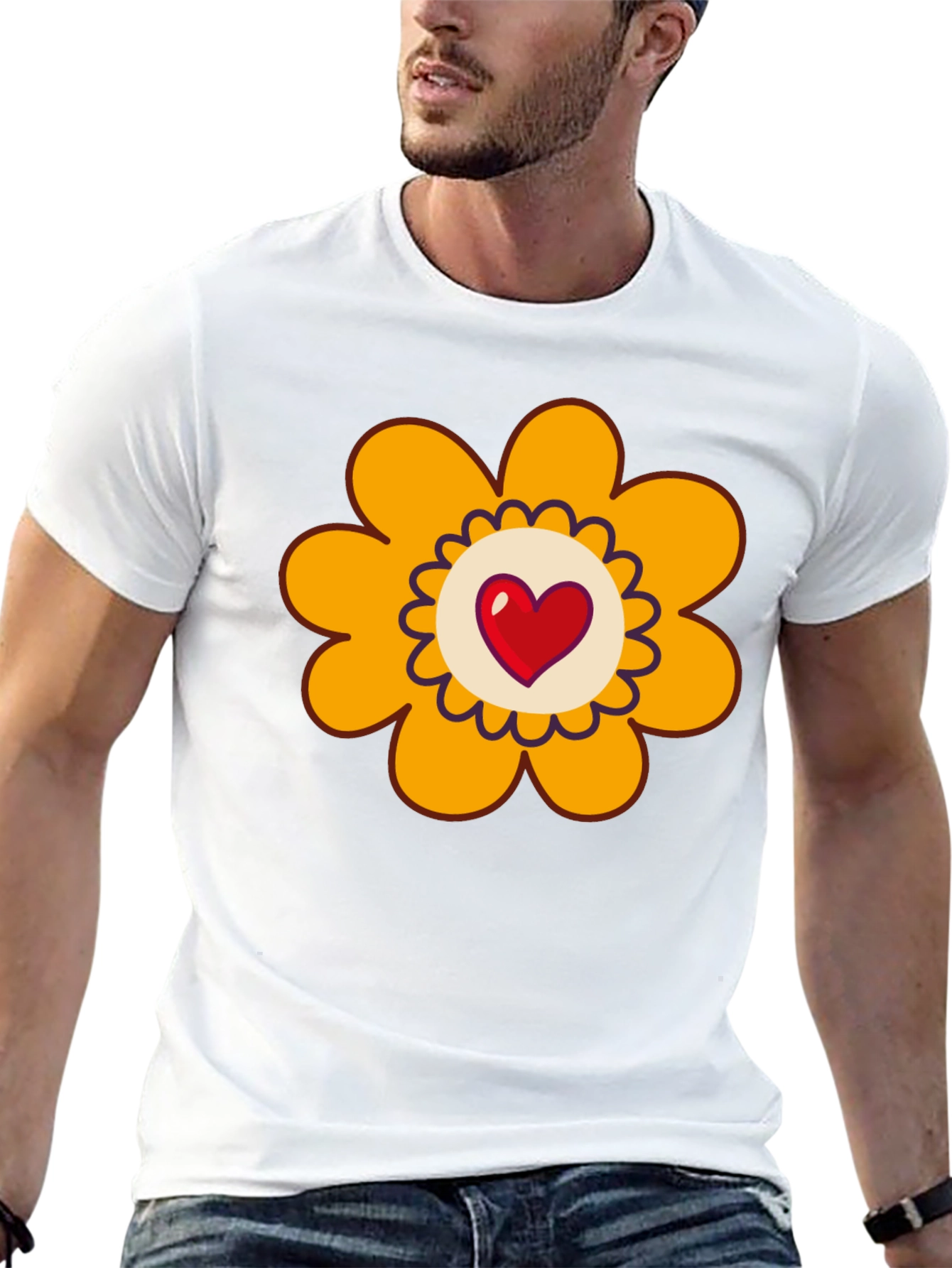 Black T-Shirt with Heart Flower Graphic