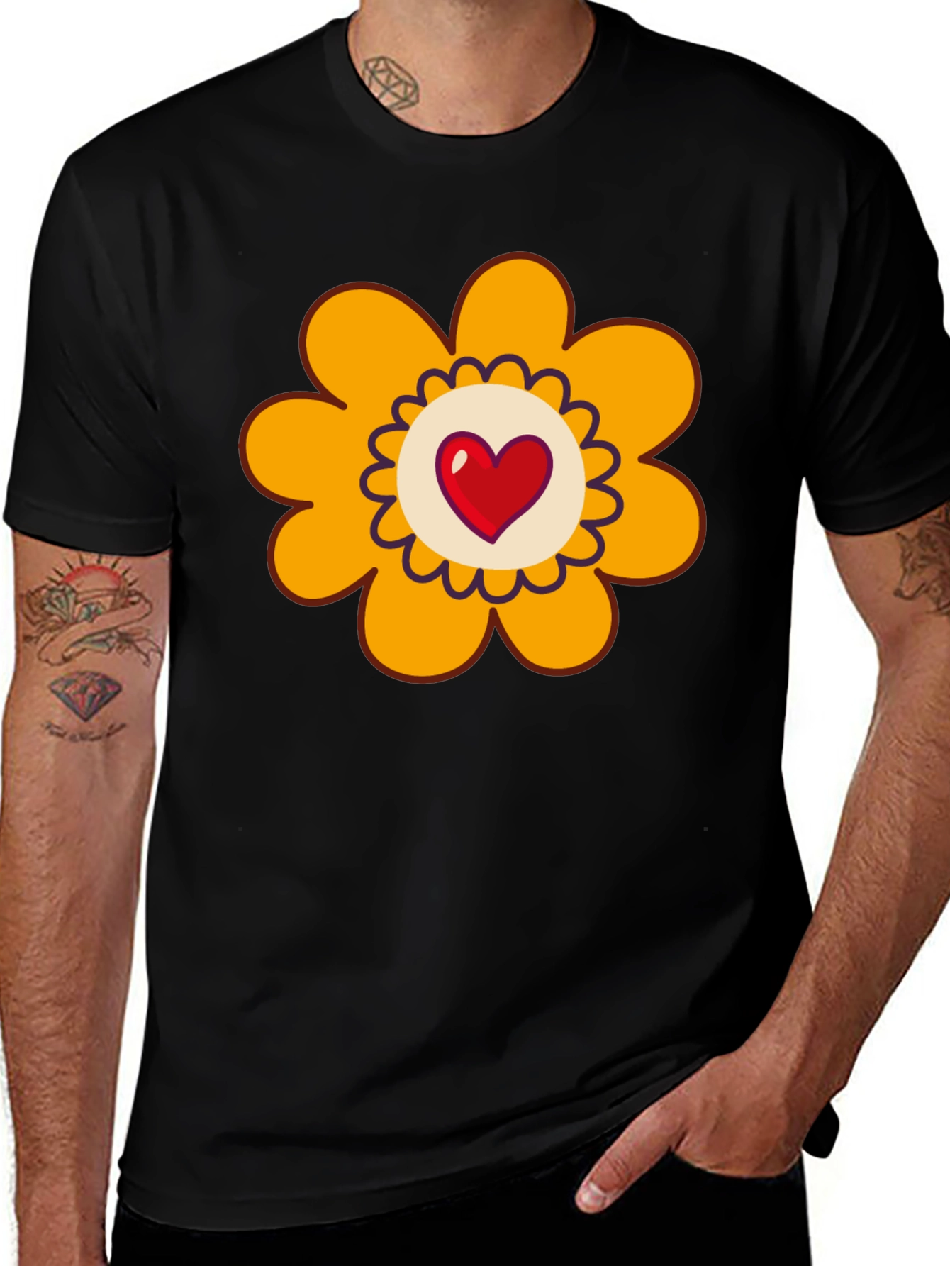 Black T-Shirt with Heart Flower Graphic