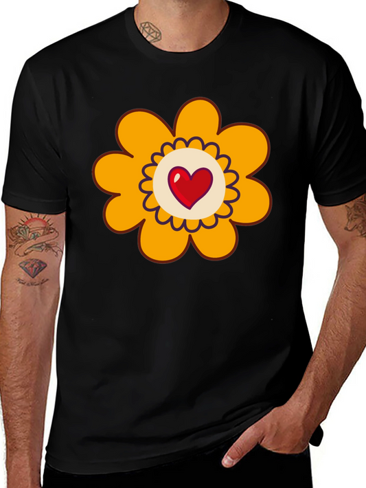 Black T-Shirt with Heart Flower Graphic