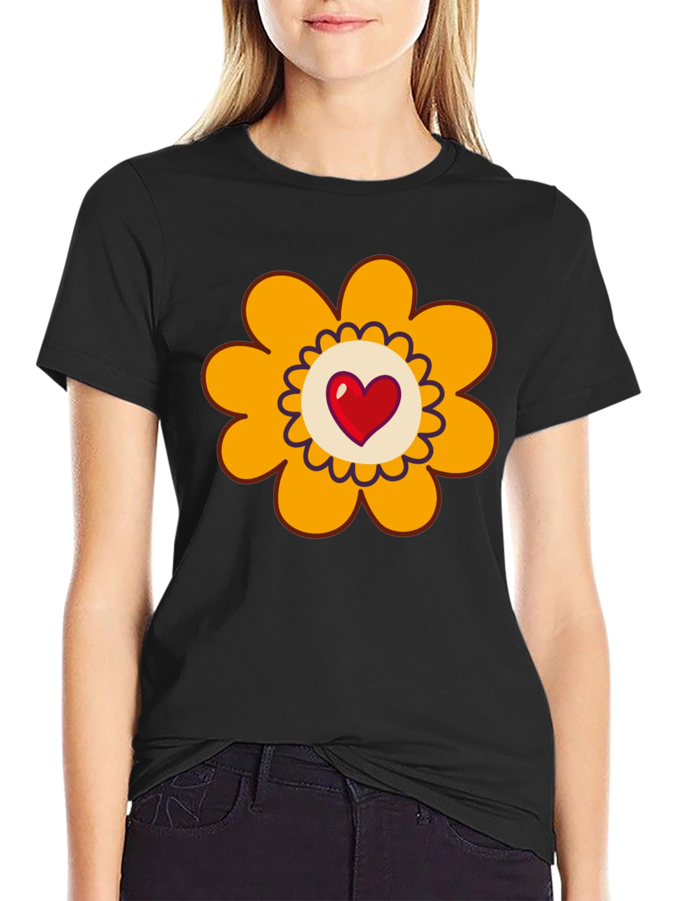 Black T-Shirt with Heart Flower Graphic
