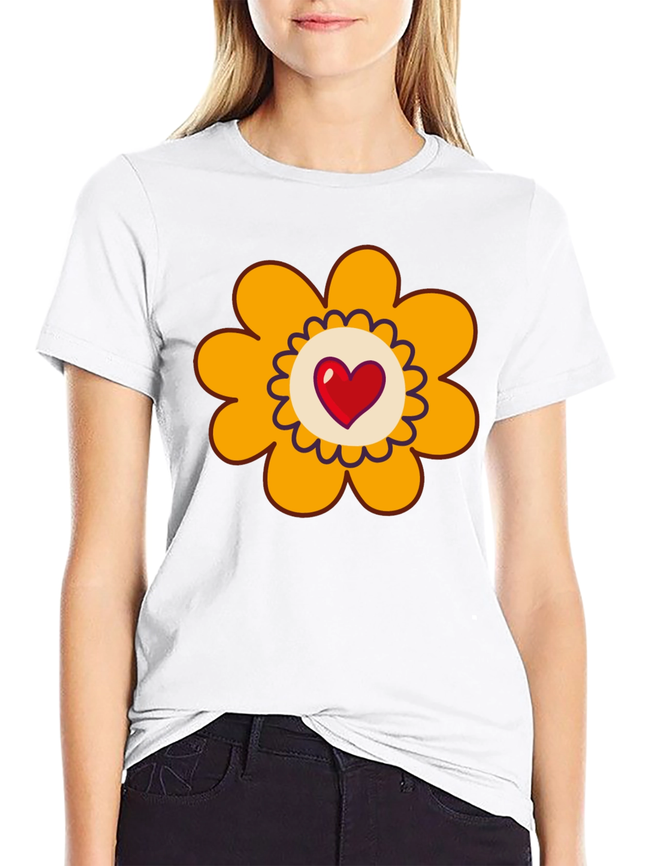Black T-Shirt with Heart Flower Graphic