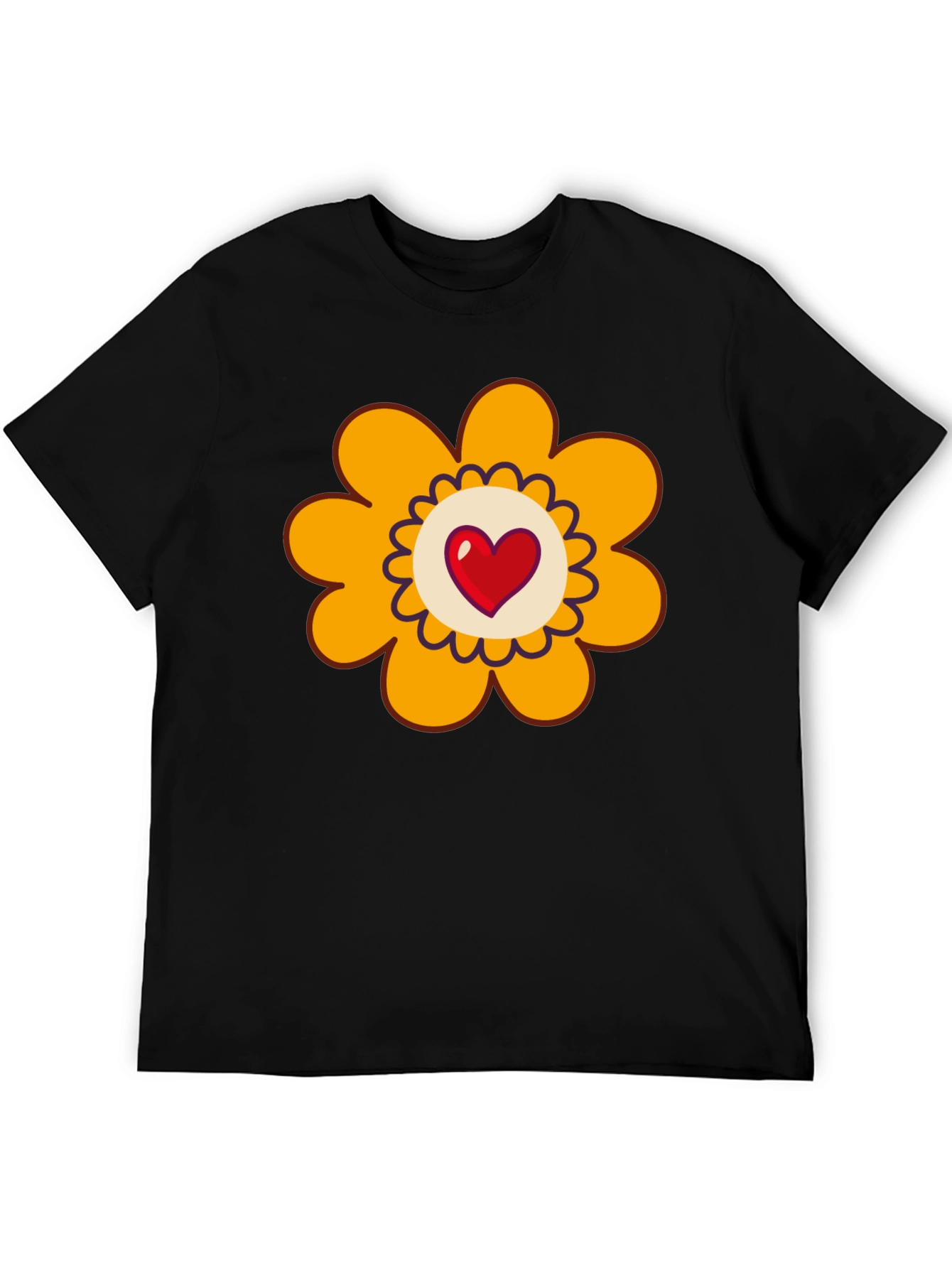 Black T-Shirt with Heart Flower Graphic