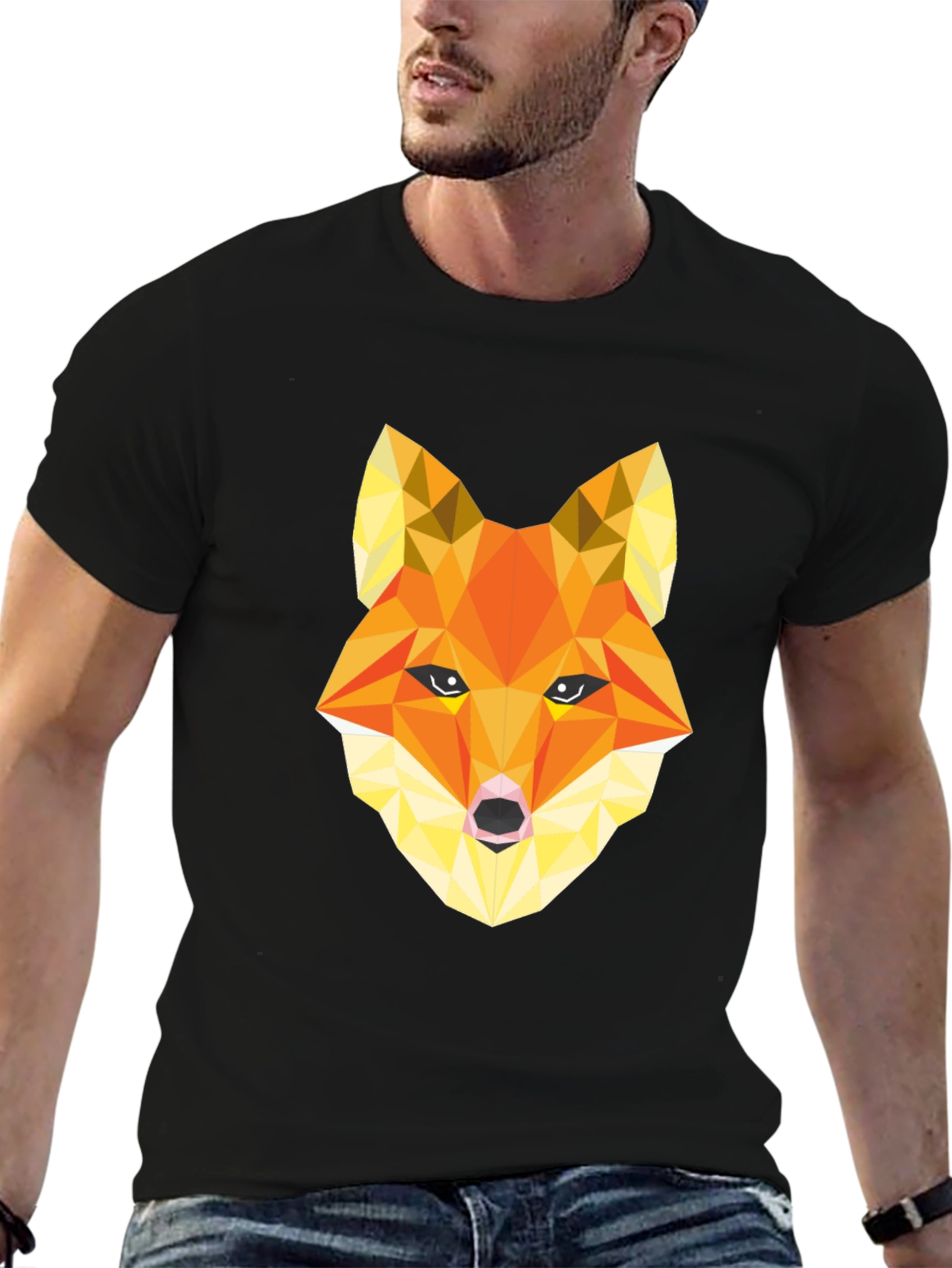 Geometric Fox Graphic Tee - Stylish Mens Black T-Shirt