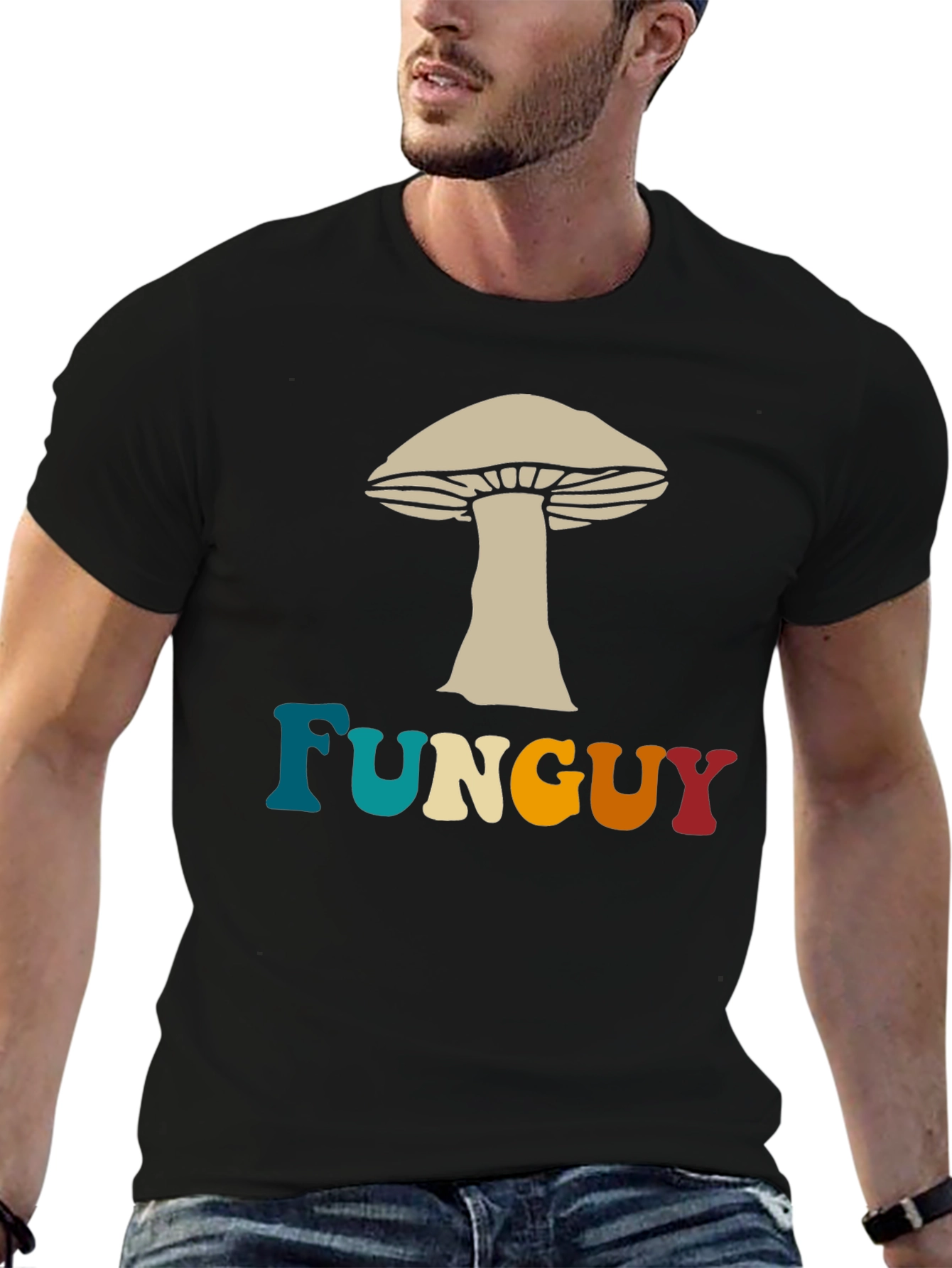 Fun Guy Mushroom Graphic Tee - Black Cotton T-Shirt
