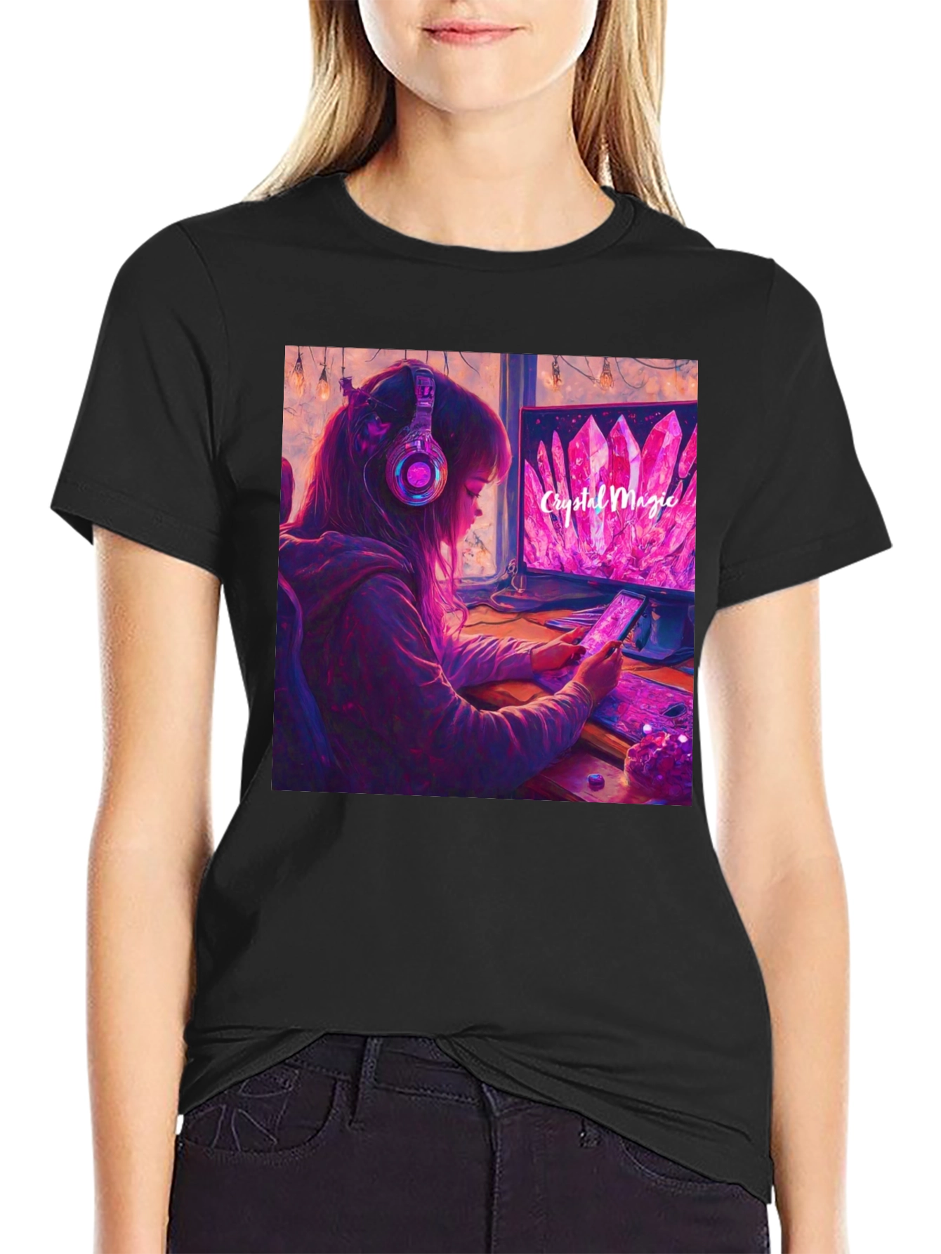 Crystal Magic Gamer Girl Black Tee
