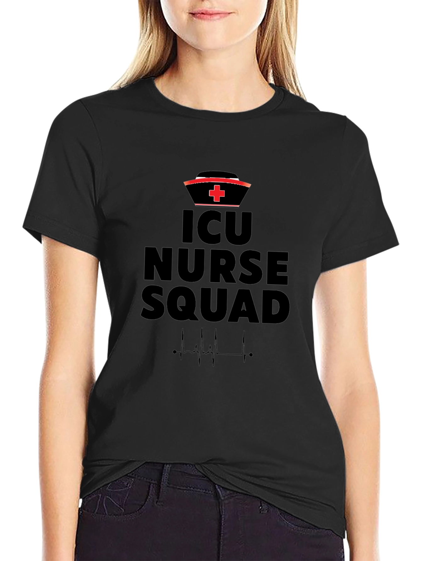 ICU Nurse Squad Black T-Shirt - Heartbeat Design