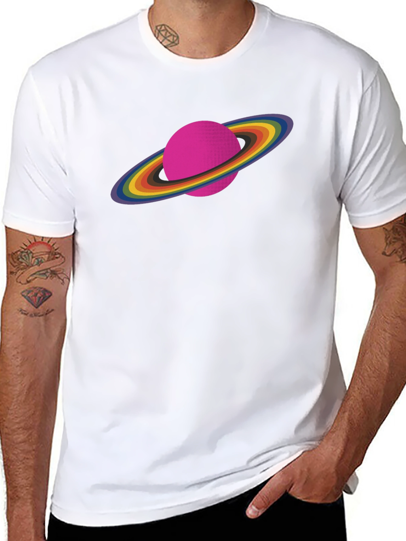 Rainbow Saturn Graphic Tee - Unisex Black T-Shirt