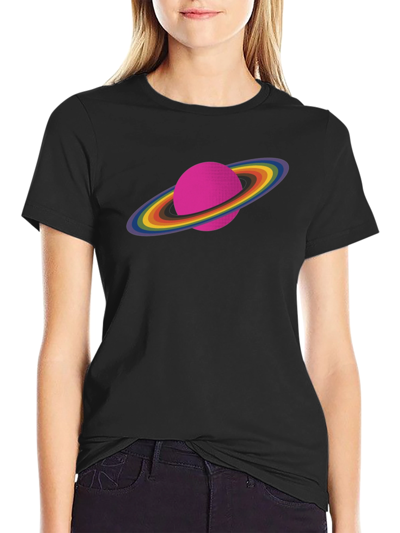 Rainbow Saturn Graphic Tee - Unisex Black T-Shirt