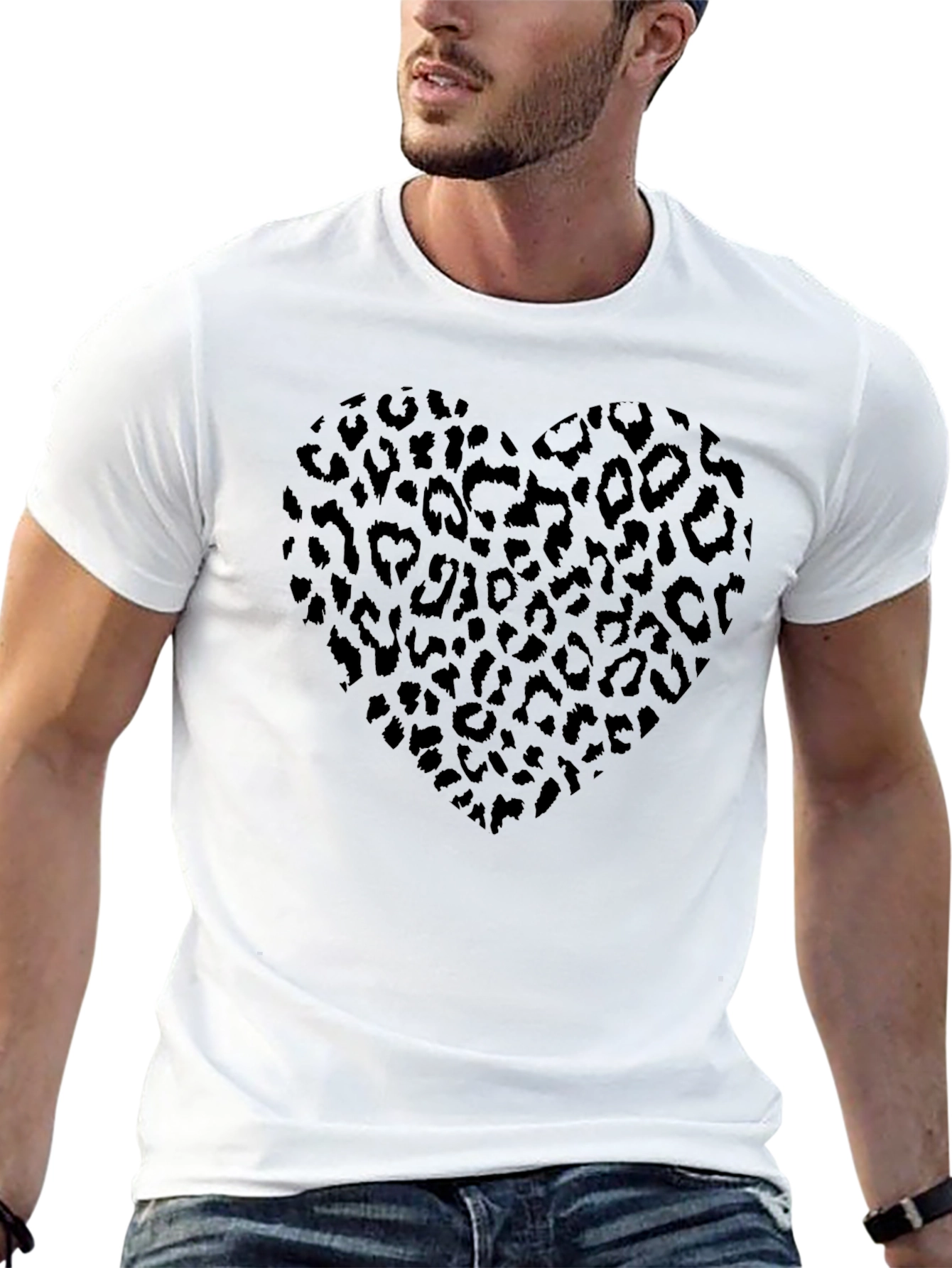 Leopard Print Heart Tee - Stylish Crew Neck Top