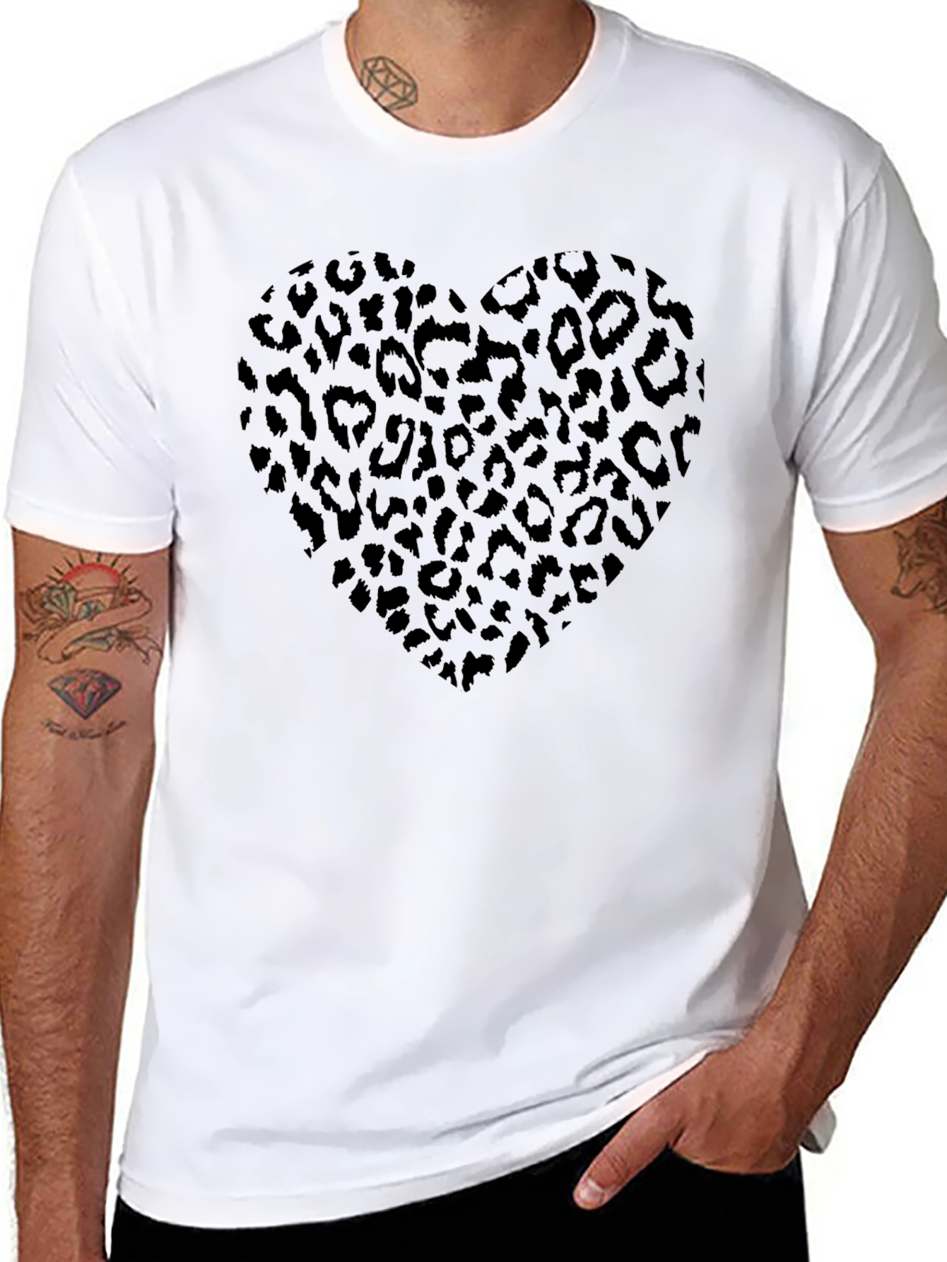 Leopard Print Heart Tee - Stylish Crew Neck Top