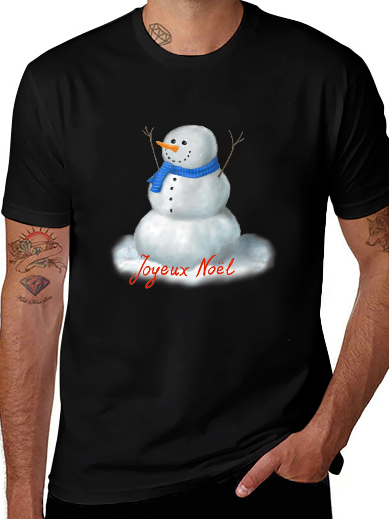 Festive Snowman Graphic Tee - Joyeux Noel Shirt