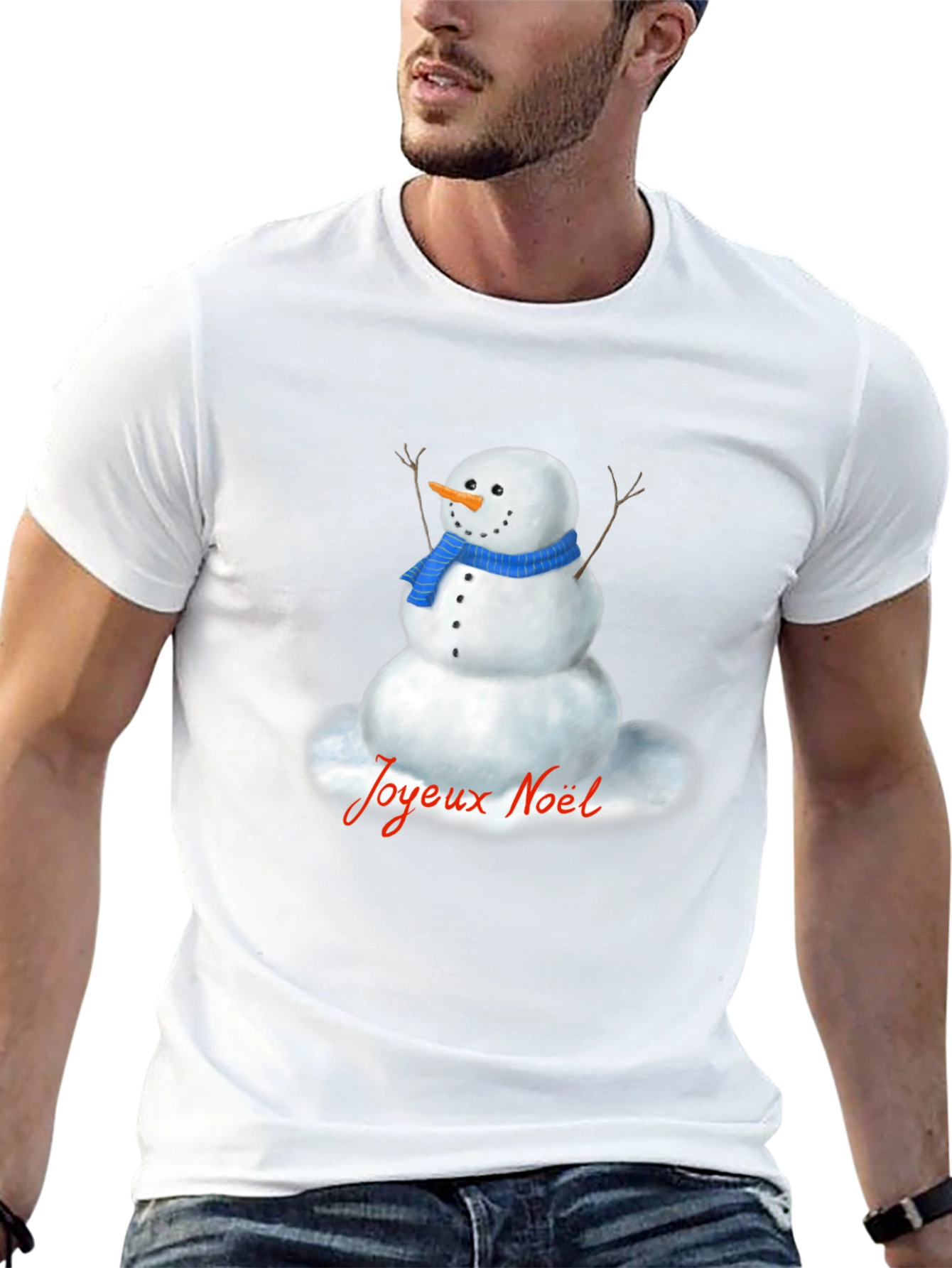 Festive Snowman Graphic Tee - Joyeux Noel Shirt